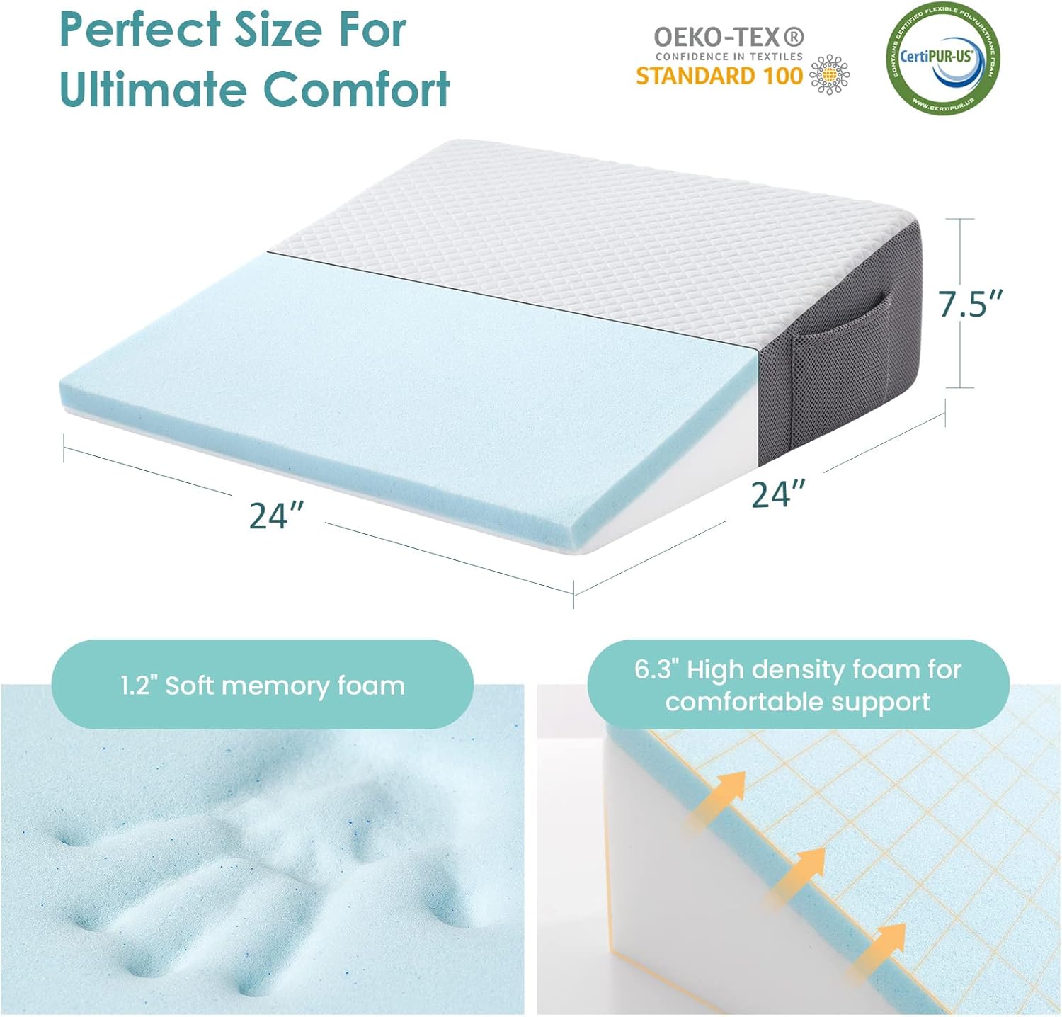 Cozymaker 7.5" Bed Wedge Pillow for Sleeping After Surgery, Back Support, Leg Elevation, Gerd Acid Reflux, Neck Pain, Snoring, Cooling…