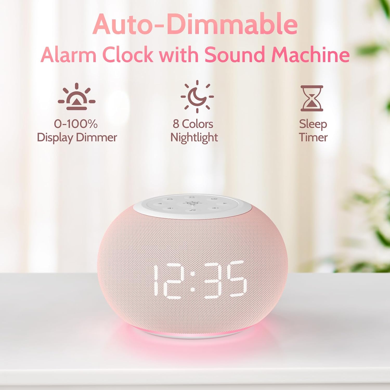 Reacher Auto Dimmable Sound Machine Alarm Clock with Night Lights, 20 Soothing Sounds, Sleep Timer, Precise Volume Control, Cute White…