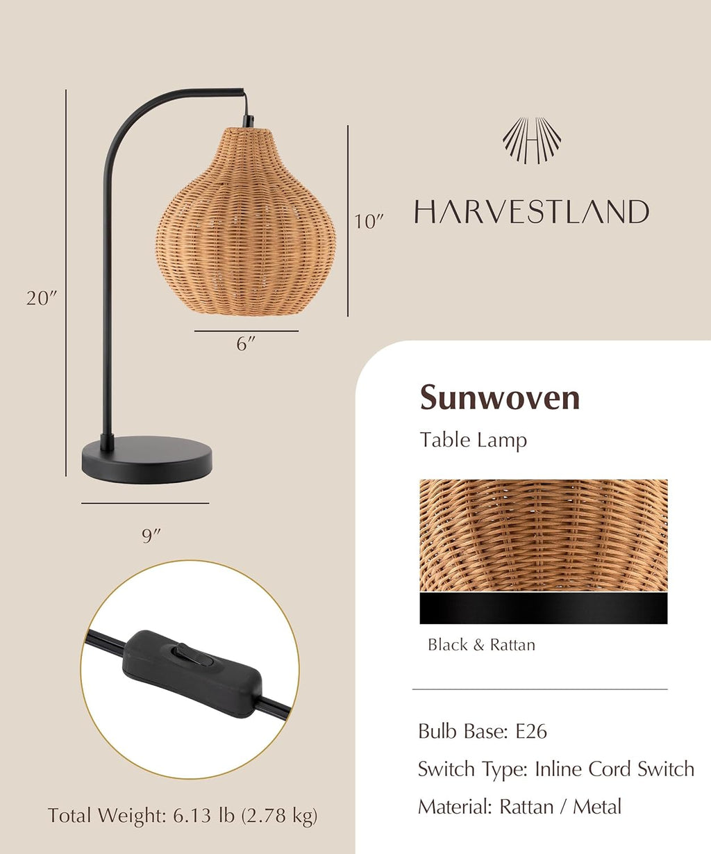 Harvestland Sunwoven 20” Boho Table Lamp – Woven nightstand lamp, Rattan Lamp with Curved Black Metal Frame for Bedside Lamp, Wicker lamp f…