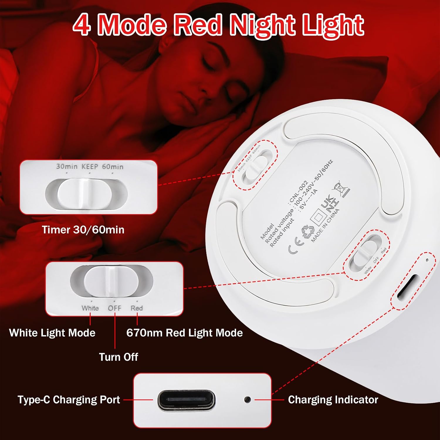 Streamlet 670nm Red Light Night Light for Sleep with Timer, Rechargeable, Dimmable, Lamp Blue Light Blocking for Improve Sleep, D…