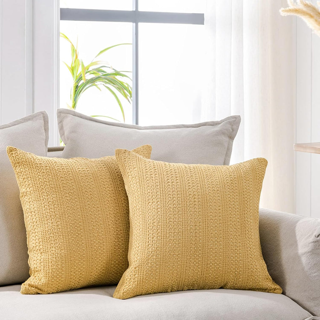 Cocoploceus 18x18 Throw Pillow Covers Set of 2 Boho Decorative Pillow Shams Stone Washed Cotton Pillowcase Waffle Square for Couch Sofa Cha…