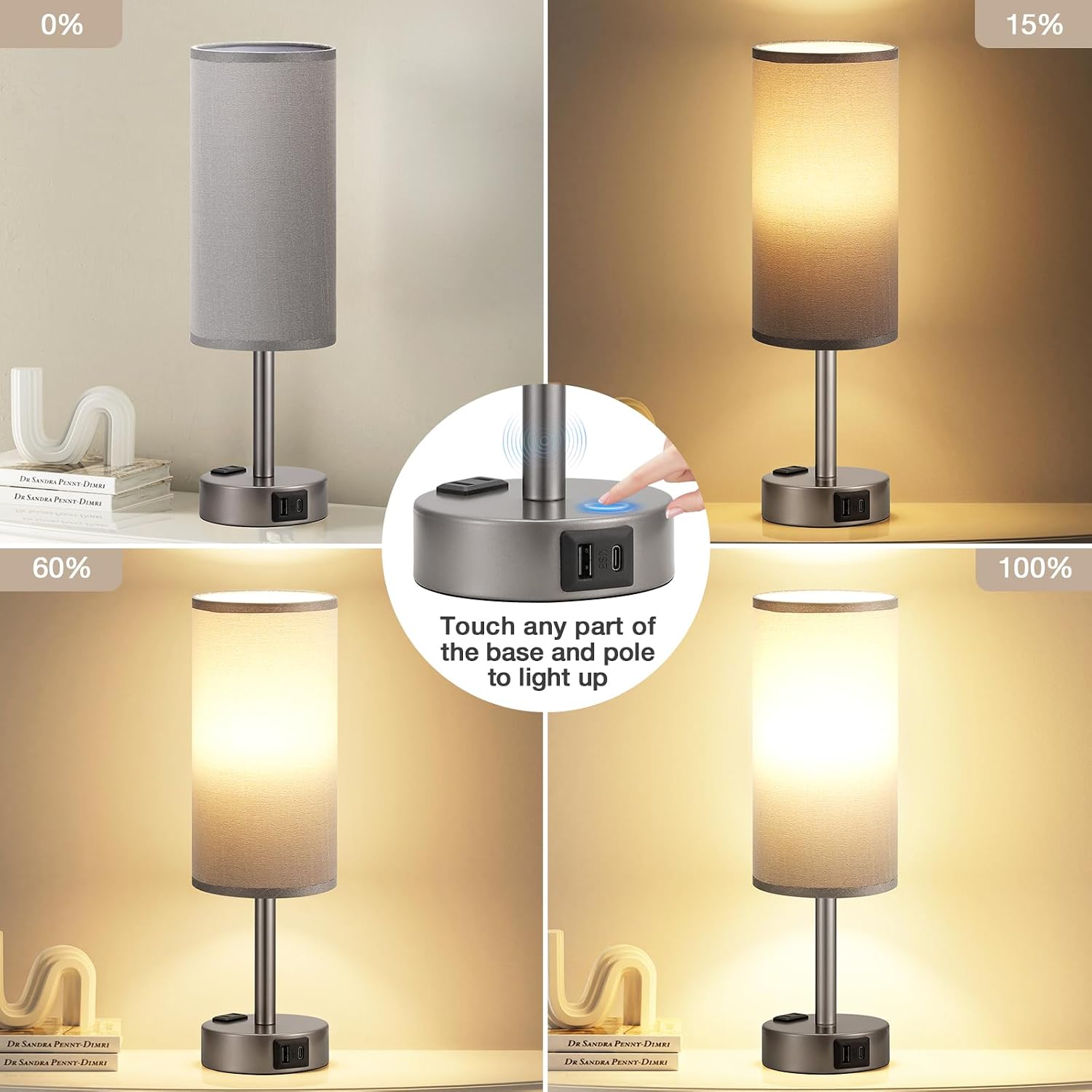 Fenmzee Grey Bedside Table Lamp for Bedroom - 3 Way Dimmable Touch Lamp USB C Charging Ports and AC Outlet, Small Lamp for Living Room…