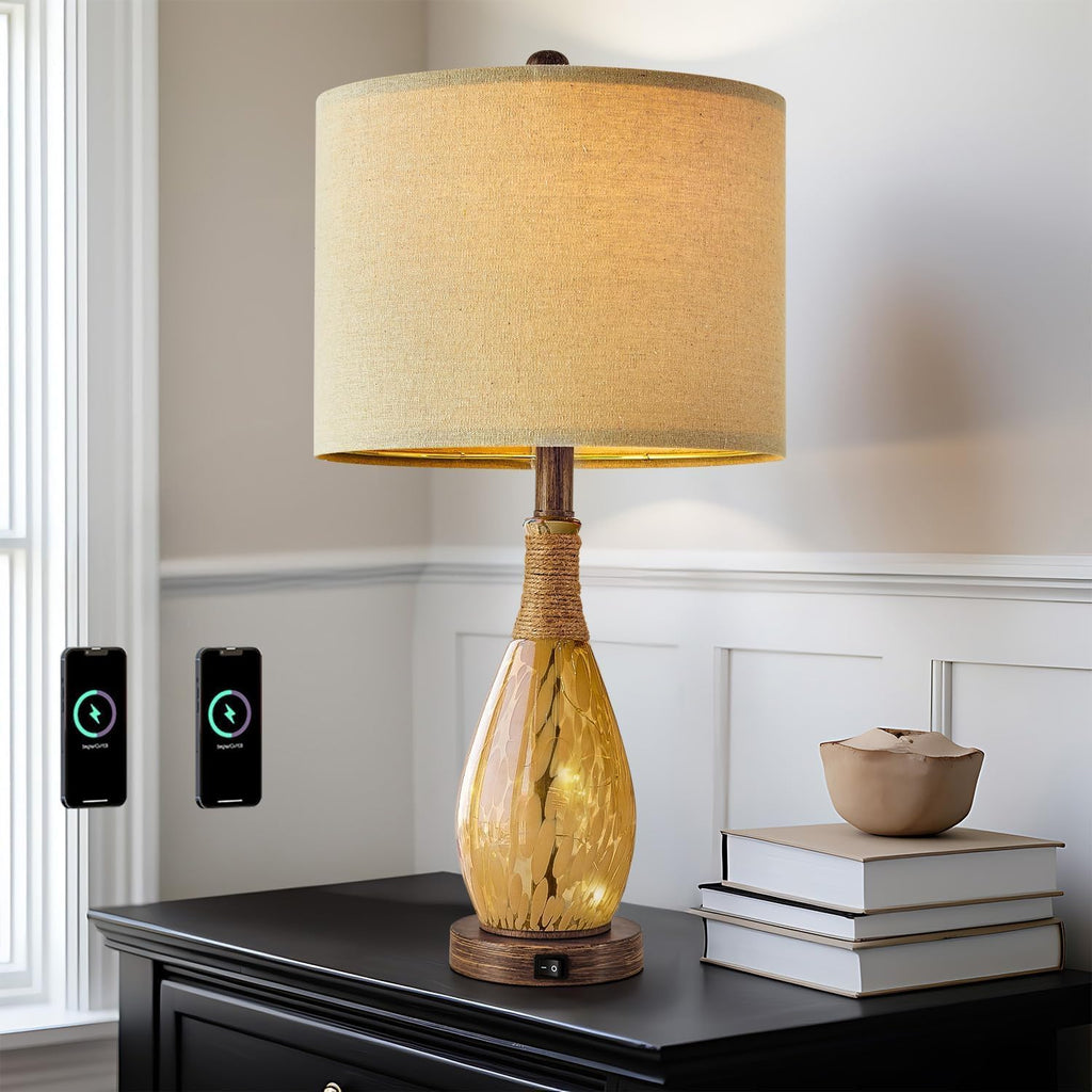 OYEARS 23" USB A+C Table Lamp for Bedroom Living Room Modern Bedside Lamps Retro Farmhouse Rattan Glass Nightstand Nightlight Lamps…