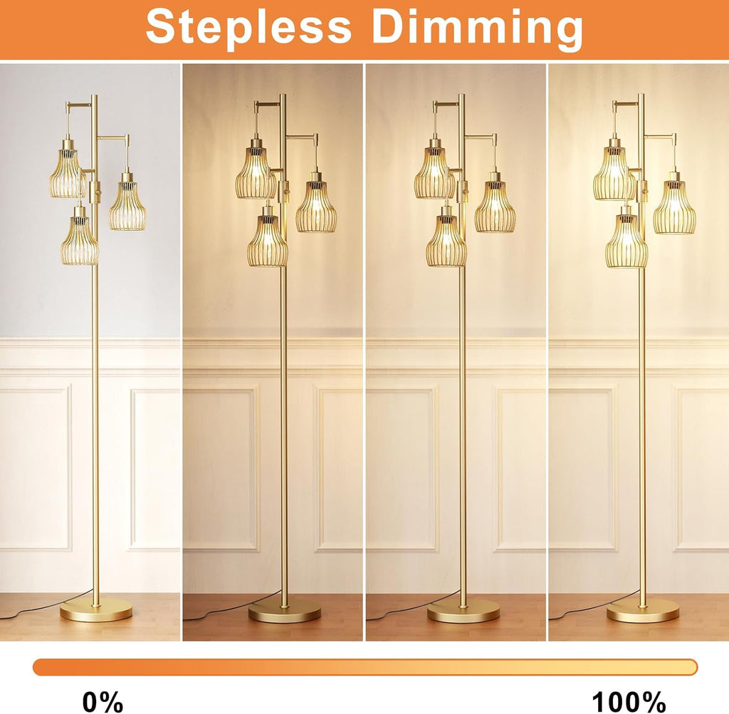 Ziisee Dimmable Gold Floor Lamps for Living Room, 70" Farmhouse Tree Standing Tall Lamps with 3 Elegant Cage Shade & 800 Lumens LED Bulbs…