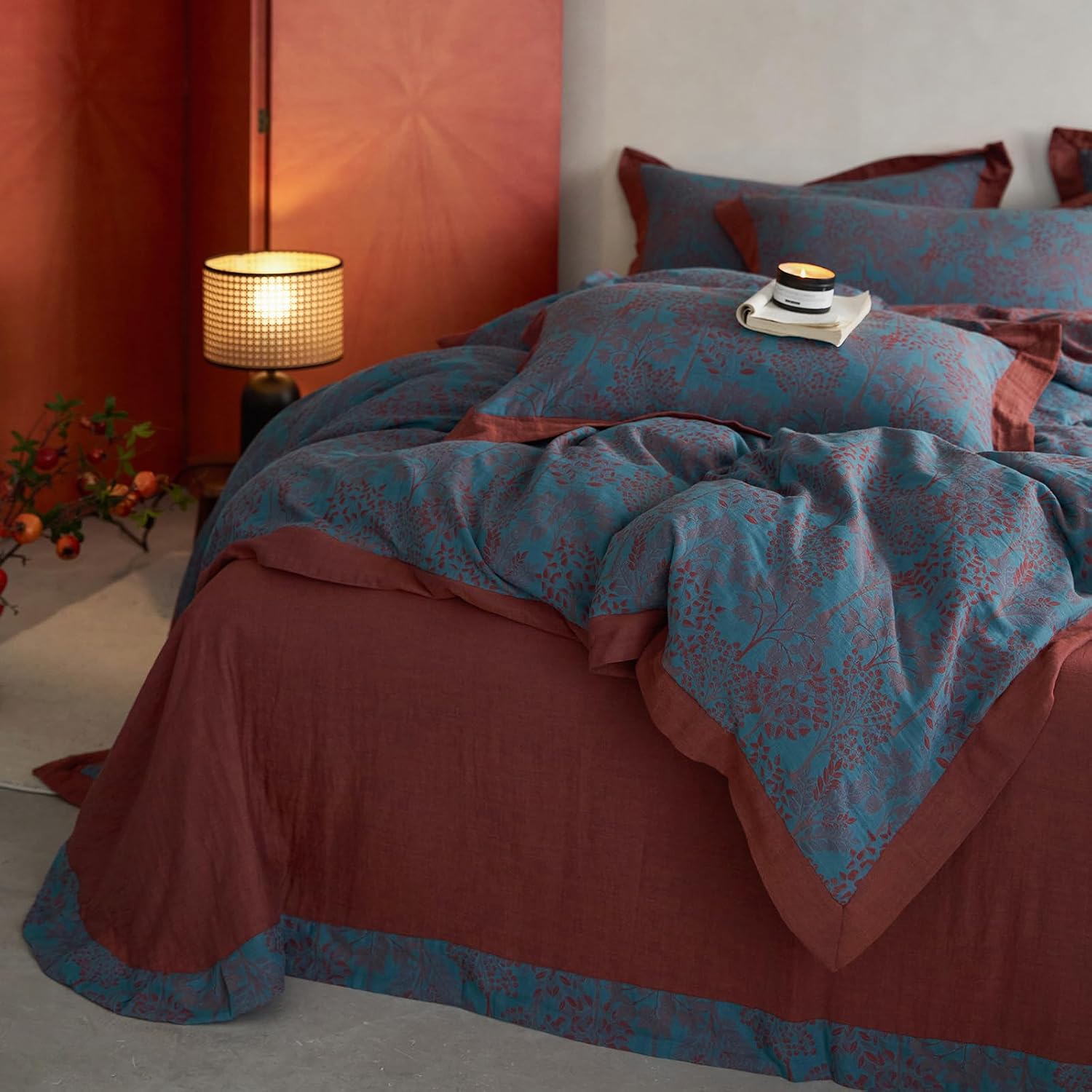 mixinni Muslin Cotton Vintage Blue Floral Duvet Cover Queen Size 3pcs Yarn Dyed Burgundy Jacquard Weave Bedding Comforter Cover Soft Breath…