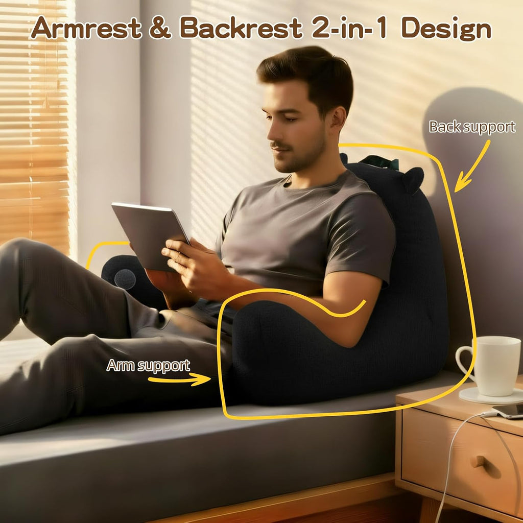 Ajicong Reading Pillow for Sitting in Bed Couch Teens/Adult, Back Rest Pillow for Sitting Up in Bed with Shredded Memory Foam, Includes Arm…