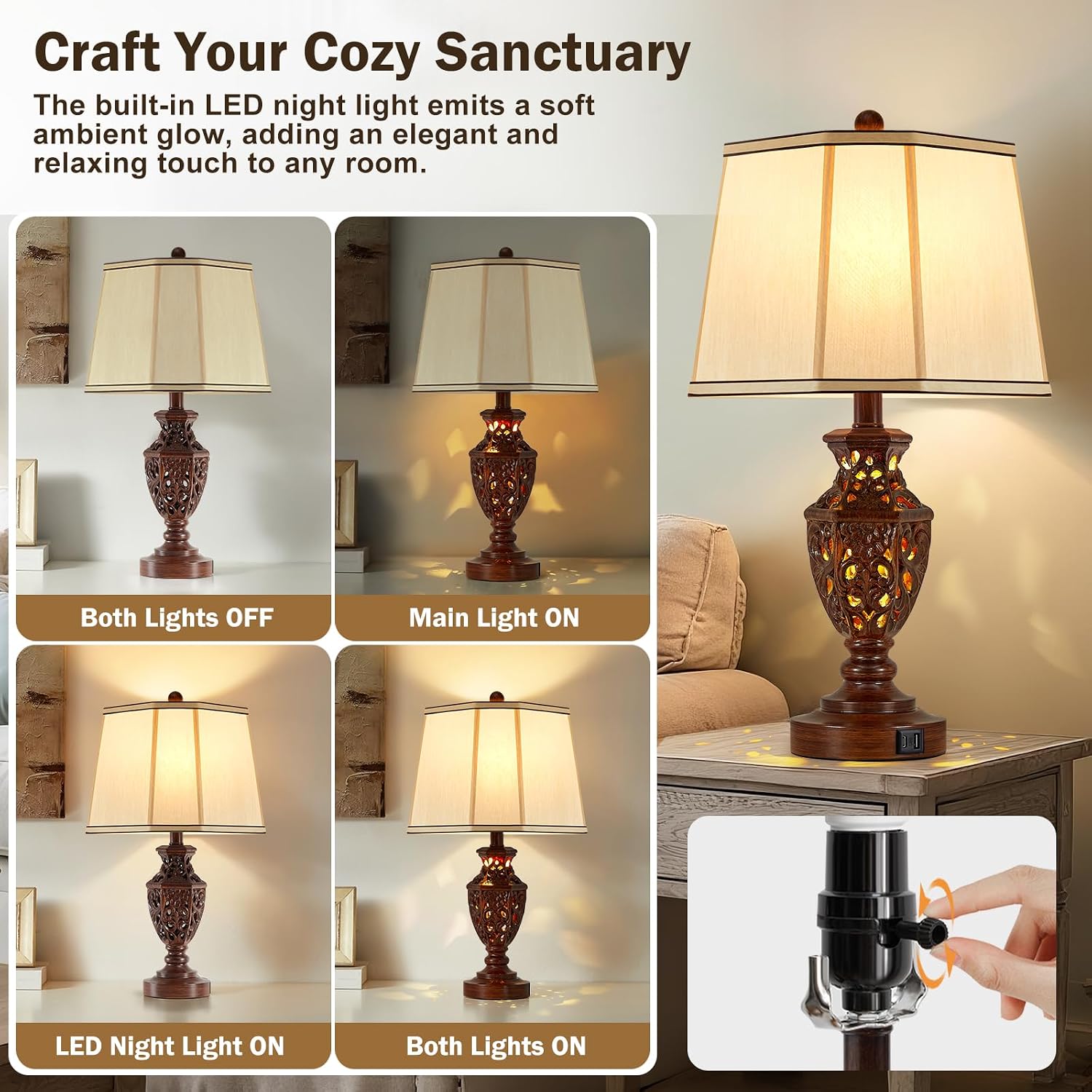 EJIAXIN Lamps for Night Stands Set of 2-23.5" Vintage Bedside Lamp with USB A+C and Nightlight - Brown Retro Carved Resin Farmhouse Desk…