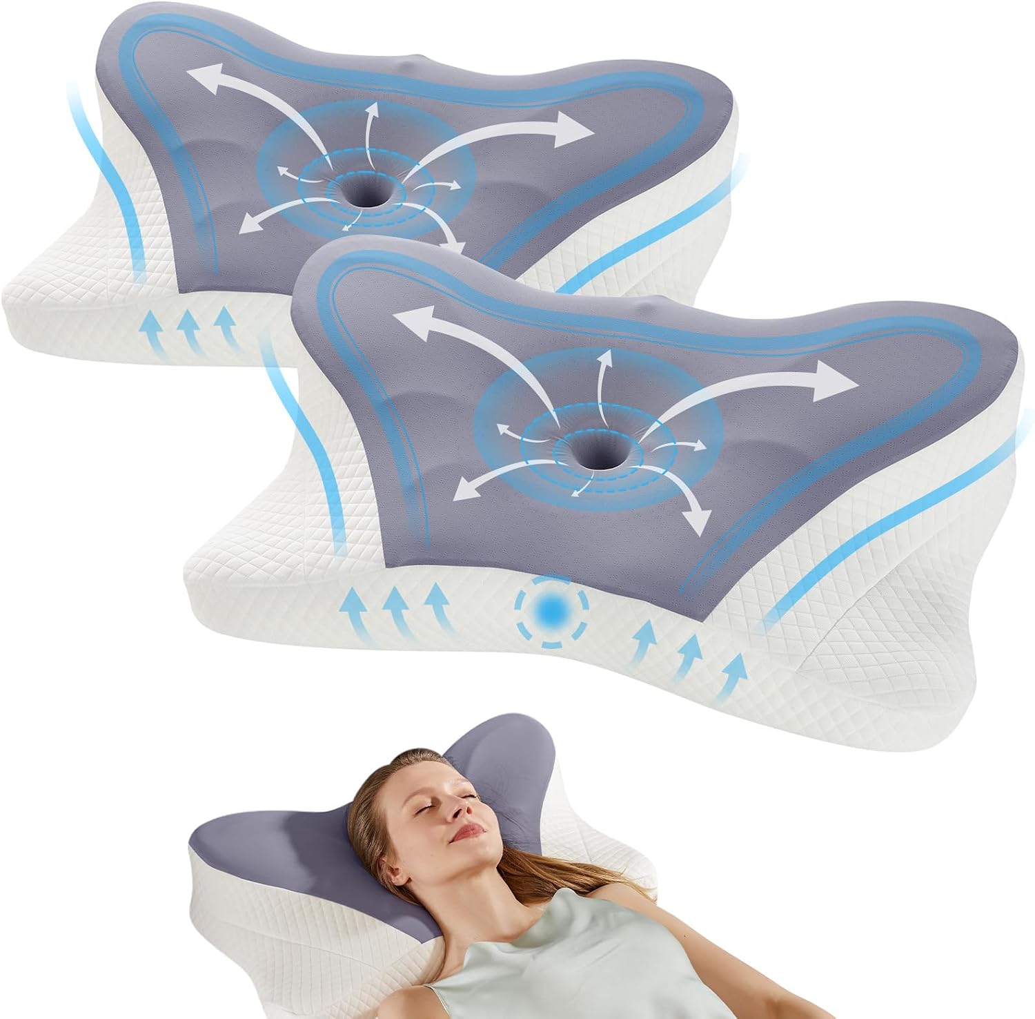 DumosLifestyle DUMOS Cervical Neck Pillow, Cooling Ergonomic Memory Foam Pillows for Neck with Breathable Pillowcase, Dual Height Orthopedi…