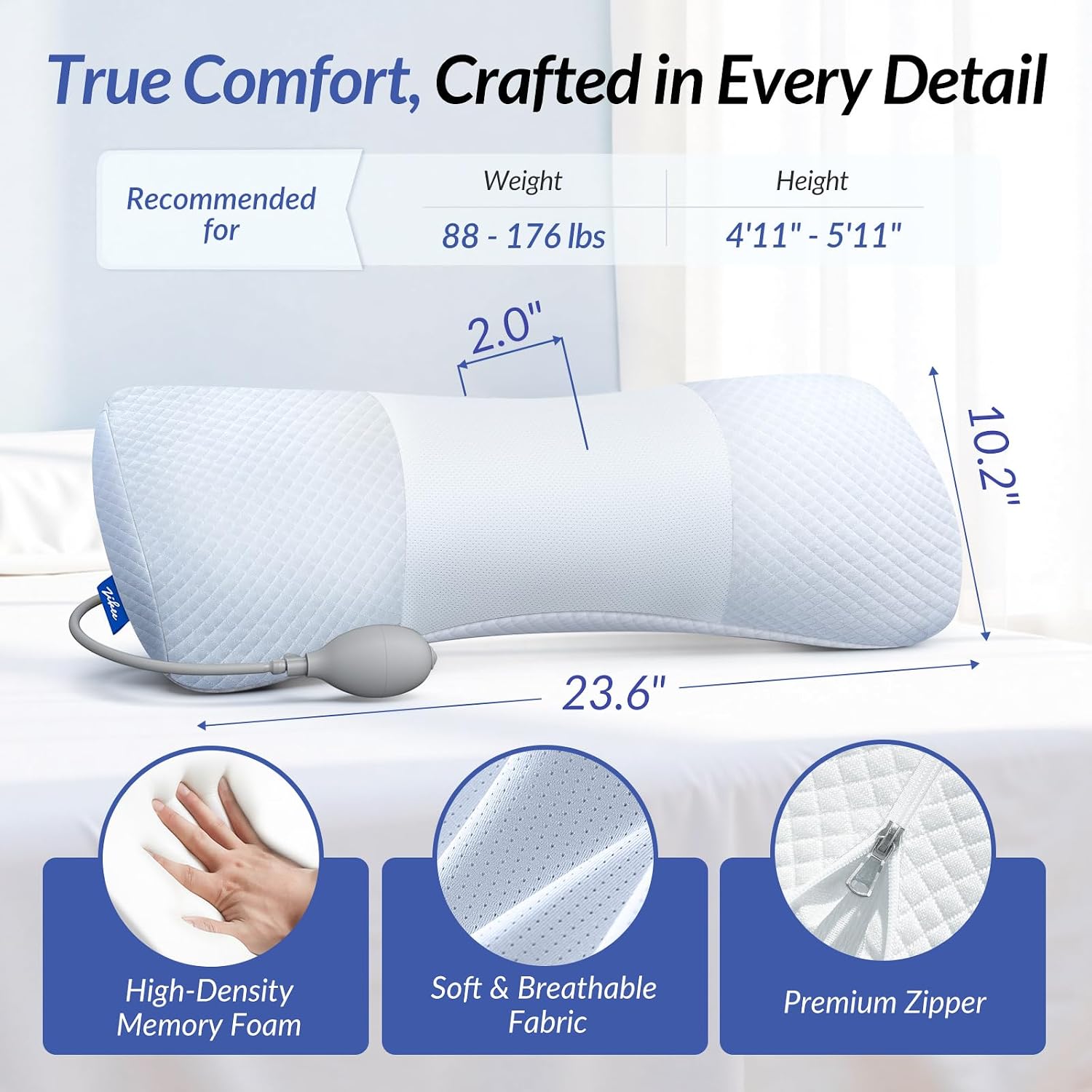 Zikee Inflatable Lumbar Support Pillow for Bed with Customized Lower Back & Support, Memory Foam Back Support for Side & Back Sleeping, Bed…