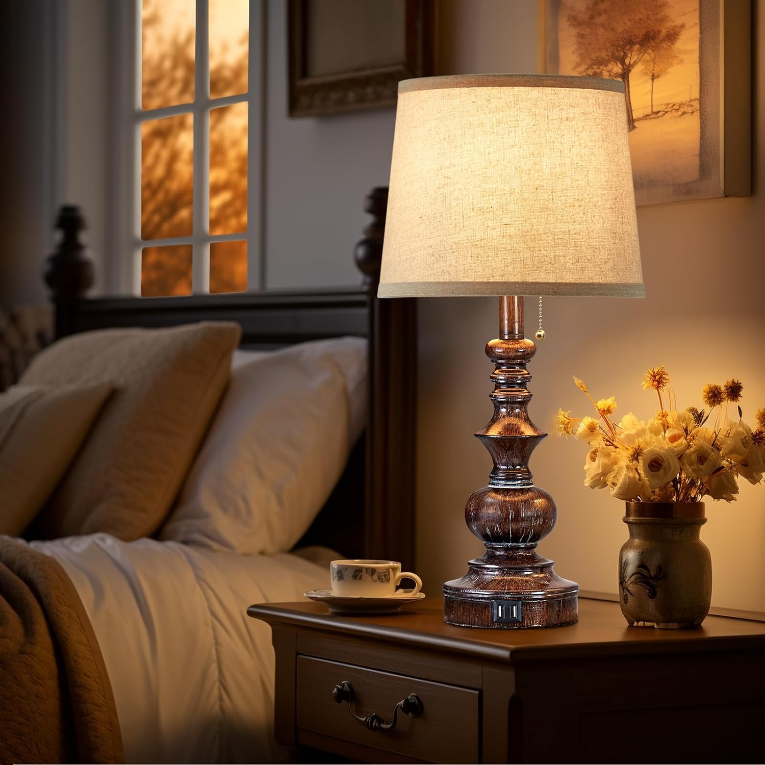 Drawealth Vintage Bedside Table Lamps Set of 2 for Bedroom Nightstand Lamps with USB Charging Ports Rustic Farmhouse Small Table Lamp for…
