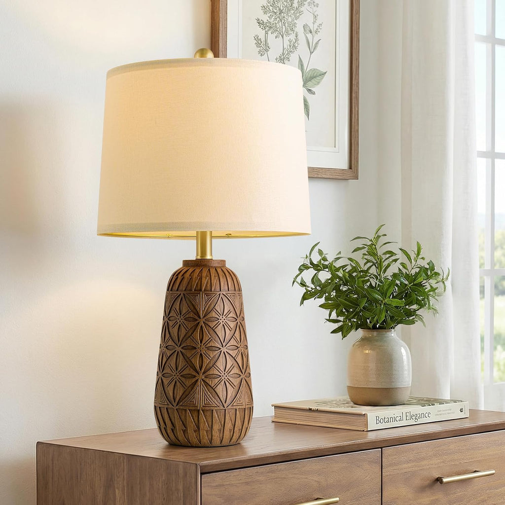 BOBOMOMO 24" Modern Farmhouse Table Lamp, Geometric Hand-Carved Resin Bedside Lamp with Wood Grain Finish, Rustic Nightstand Lamp for…