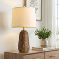 BOBOMOMO 24" Modern Farmhouse Table Lamp, Geometric Hand-Carved Resin Bedside Lamp with Wood Grain Finish, Rustic Nightstand Lamp for…