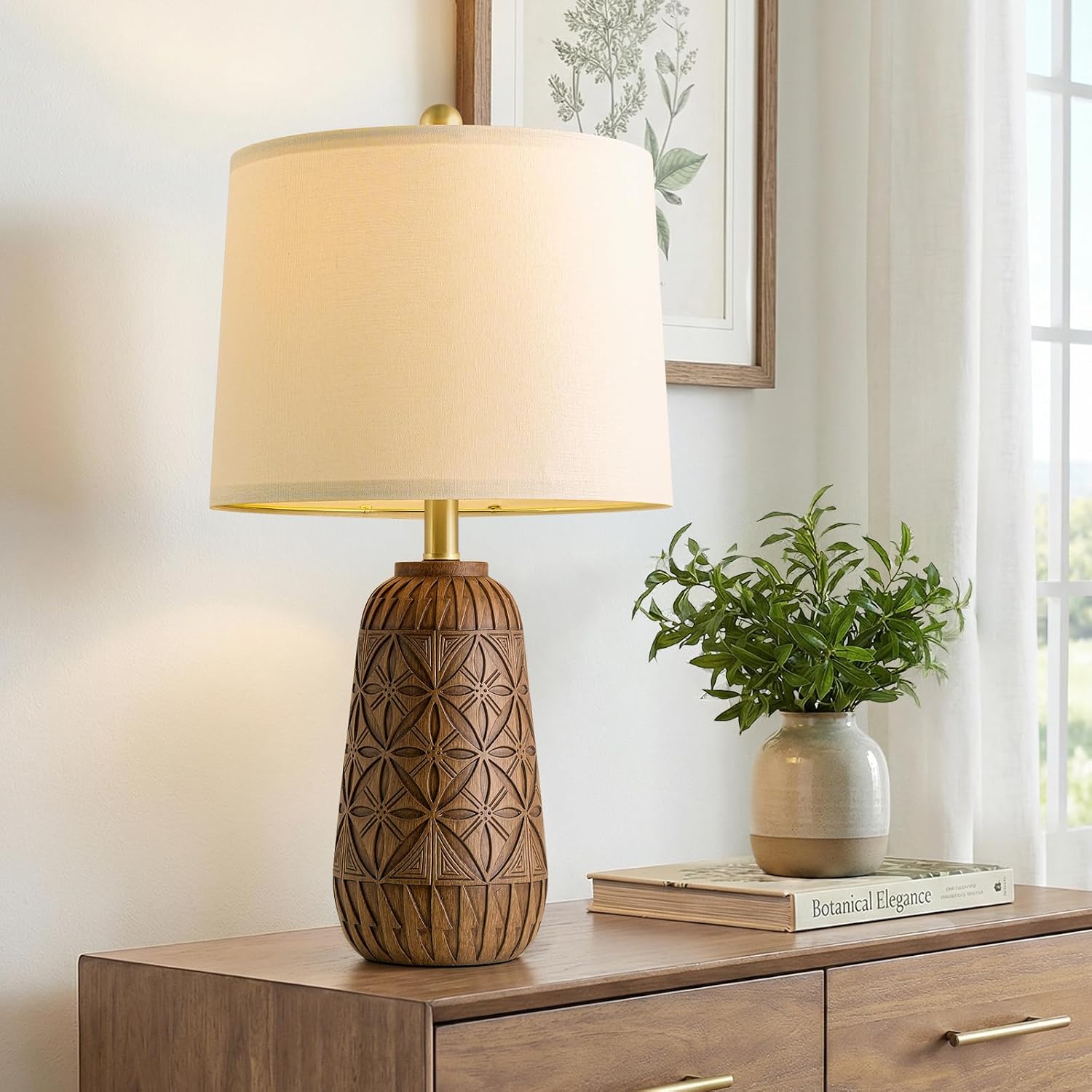 BOBOMOMO 24" Modern Farmhouse Table Lamp, Geometric Hand-Carved Resin Bedside Lamp with Wood Grain Finish, Rustic Nightstand Lamp for…