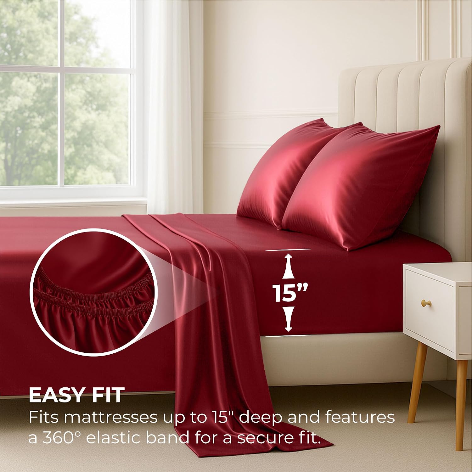 PureBedding Satin Sheets Twin [3-Piece, Burgundy] Hotel Luxury Silky Bed Sheets - Extra Soft 1800 Microfiber Sheet Set, Wrinkle, Fade, Stai…