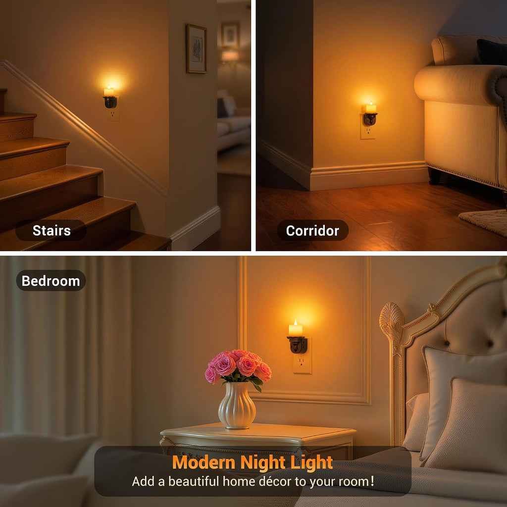 JandCase Night Lights Plug into Wall, 2 Pack Flameless Flickering Electric Fake Candle Night Light with Dusk to Dawn Sensor, 3000K Soft…