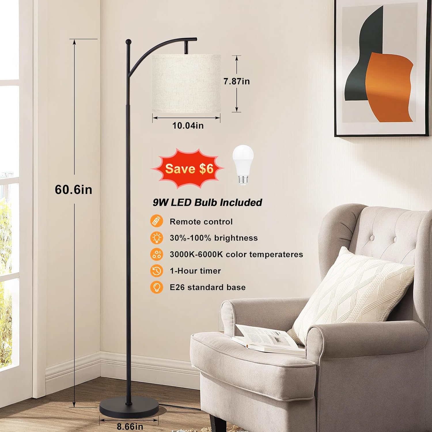 Ambimall 60" Floor Lamp with Remote Control and Stepless Dimmable Bulb, Colors Temperature & Brightness Adjustable, Modern Floor Lamps…