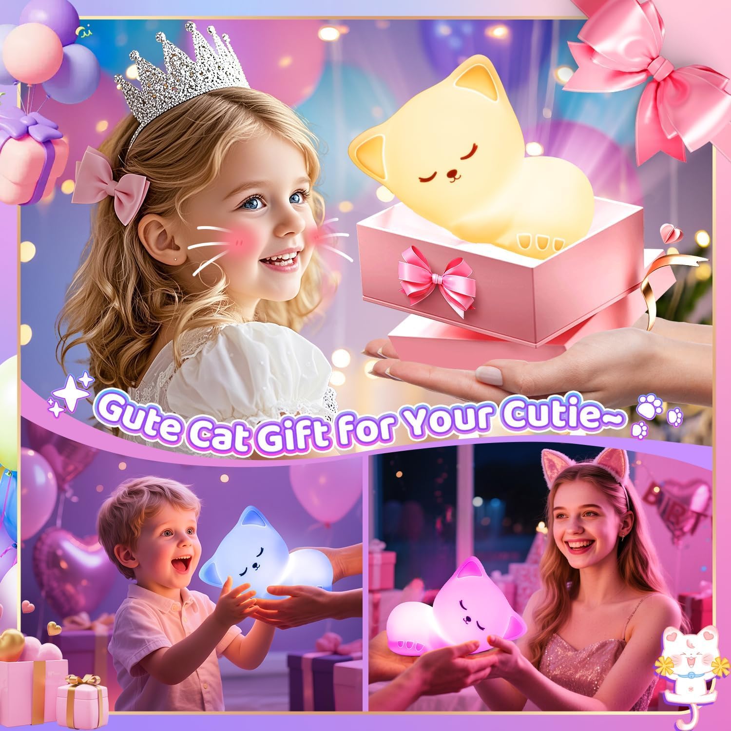 Night Light for Kids,16 Colors Cat Lamp Cute Lamp, Dimmable Baby Night Lights for Nursery, Silicone Rechargeable Nightlight for Kids…