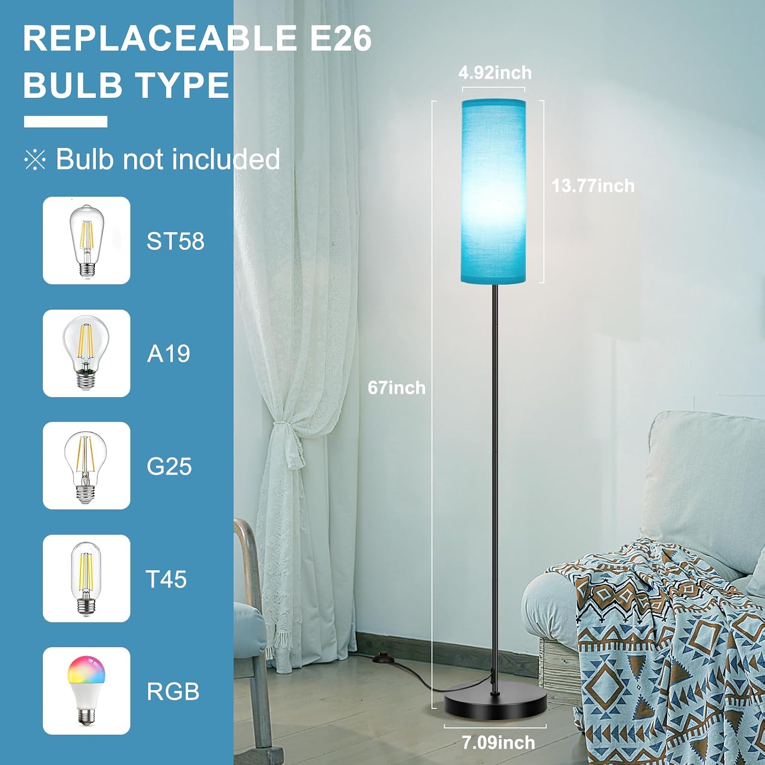 Fridekohome FRIDEKO HOME Floor Lamp with Turquoise Shade, Simple Design with Foot Pedal Switch, Small Tall Lamps for Living Room Bedroom, C…