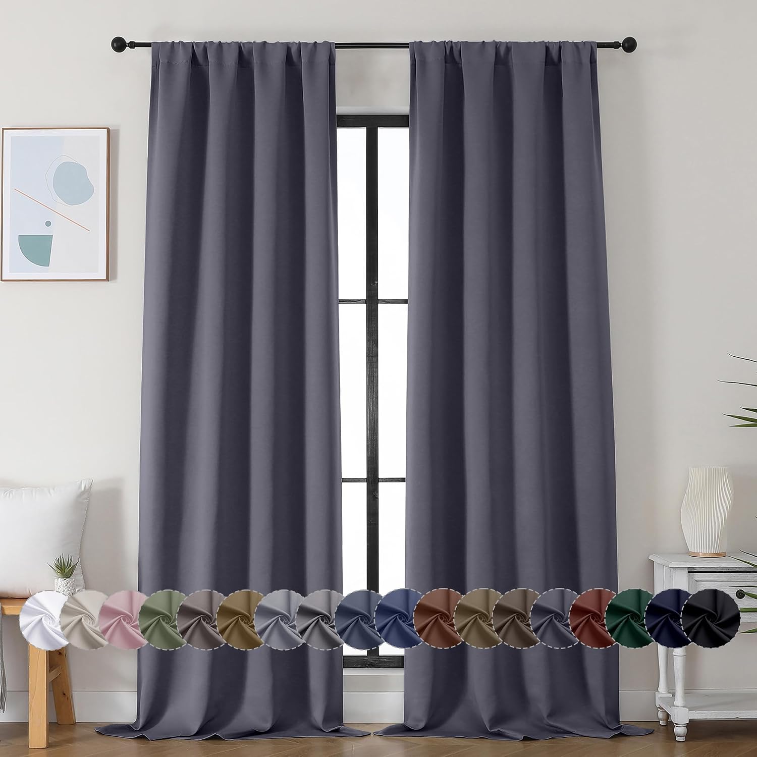 Simplebrand Ava Grey Blackout Curtains for Bedroom 90 Inches Long 2 Panels Set, Solid Privacy Energy Saving Living Room Window Treatment Cu…