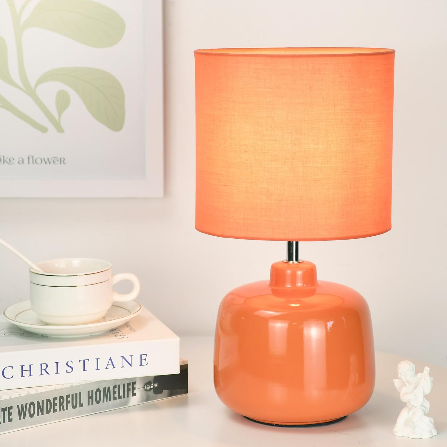 Oslo Small Ceramic Table Lamp for Living Room and Bedroom, Modern Kids Night Table Lamp, Φ7.09×H13.39IN, Bulb Excluded, Orange