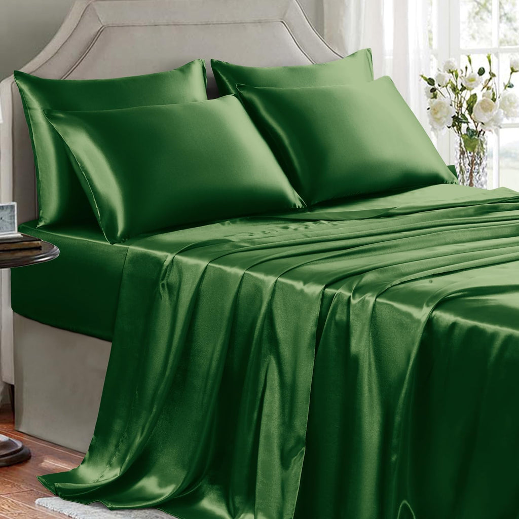 Golal Satin Sheets King Size - 6 Pieces Luxury Silky Soft Bed Sheets, Wrinkle-Free Dark Green Satin Silk Sheet Set with 1 Deep Pocket Fitte…