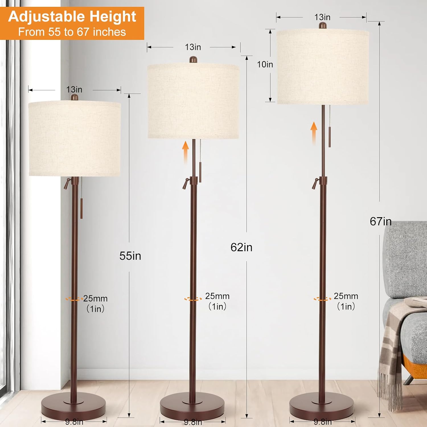 Qingmiao Metal Brown Floor Lamp for Living Room, Adjustable Height Standing Lamp, Pole Light for Bedroom, with Linen Shade and Metal…