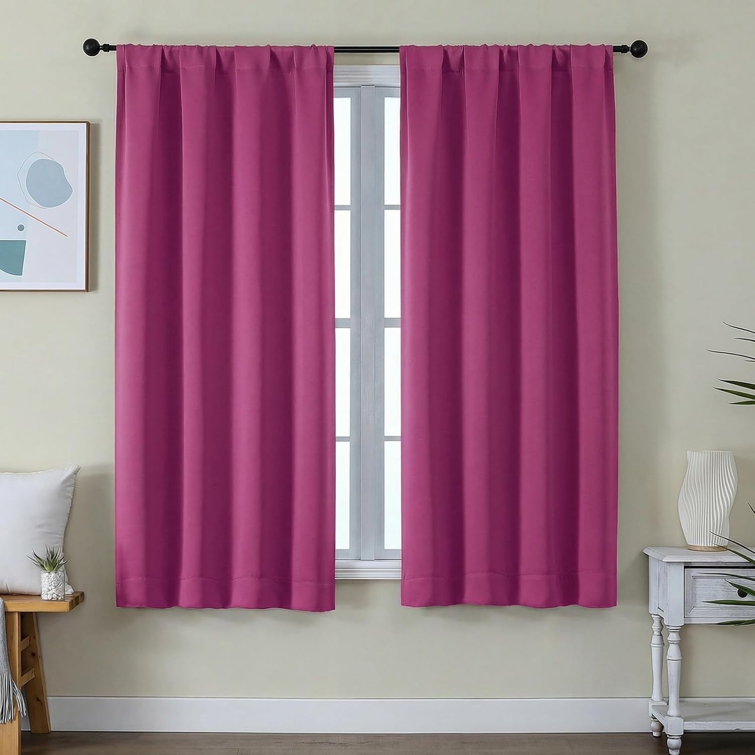 Simplebrand Ava Hot Pink Blackout Curtains for Bedroom 63 Inch Length 2 Panels Set, Privacy Thermal Insulated Rod Pocket Door Window Curtai…