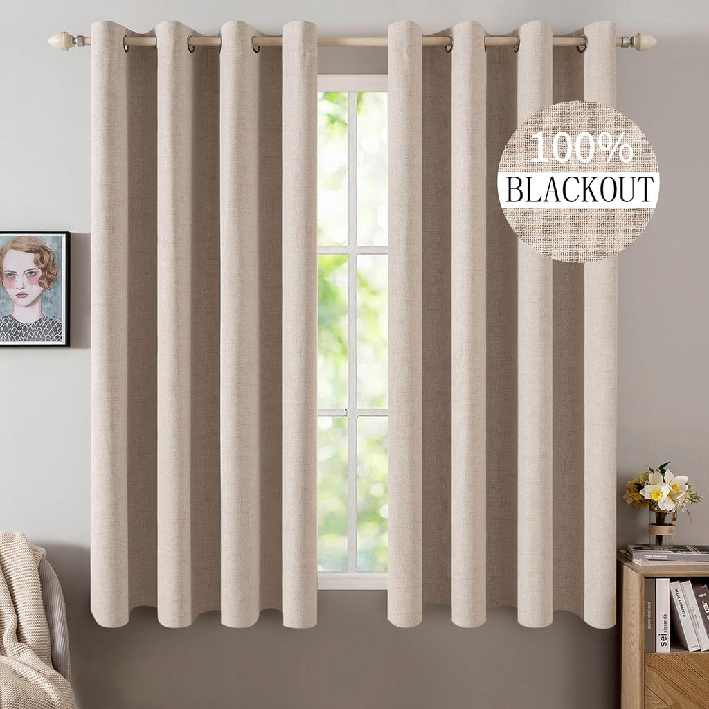 Miulee Linen Textured Curtains for Bedroom Solid 100% Blackout Thermal Insulated Natural Beige Grommet Room Darkening Curtains & Drapes Lux…