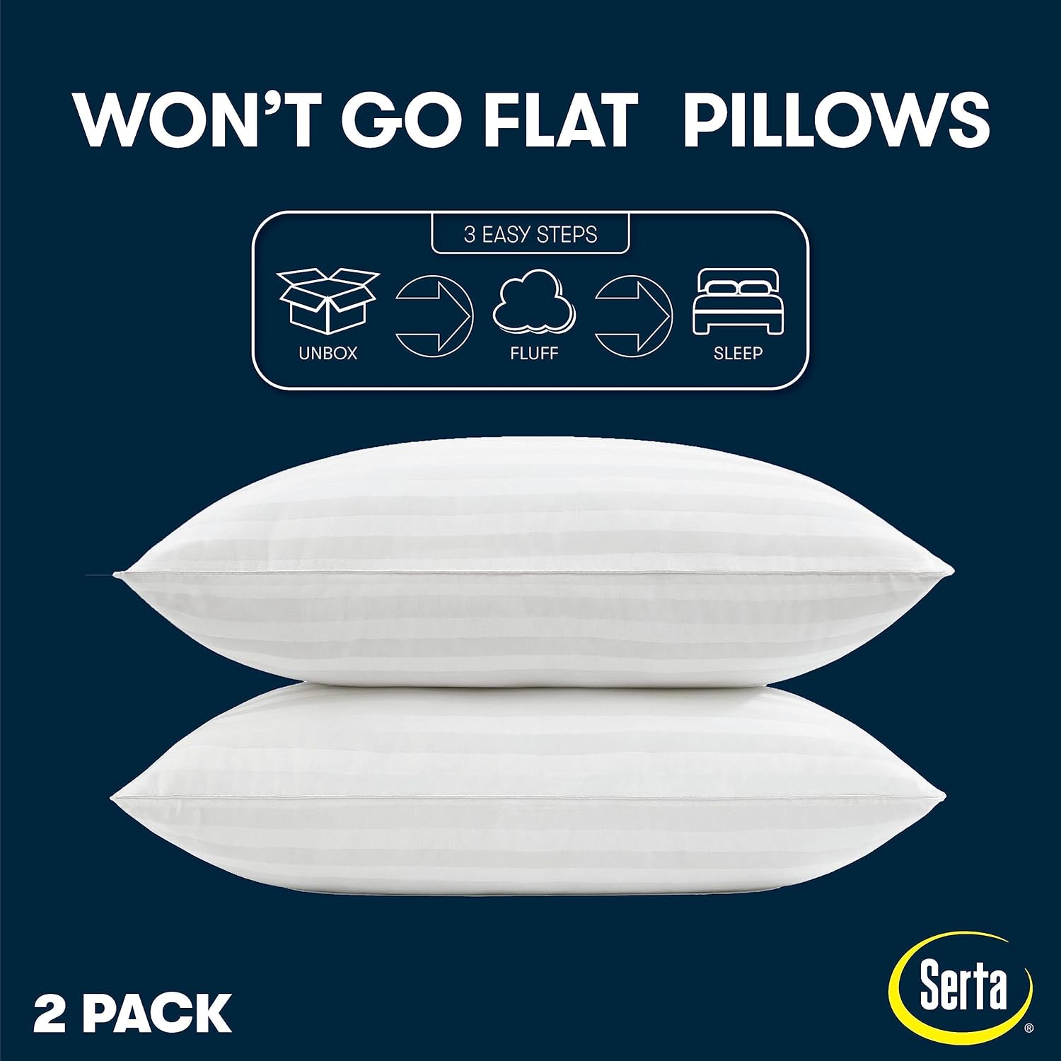 Serta Won't Go Flat Down Alternative Bed Pillows, Extra Life Foam Core with Medium Support, Perfect for Back, Stomach or Side Sleepers (2 P…