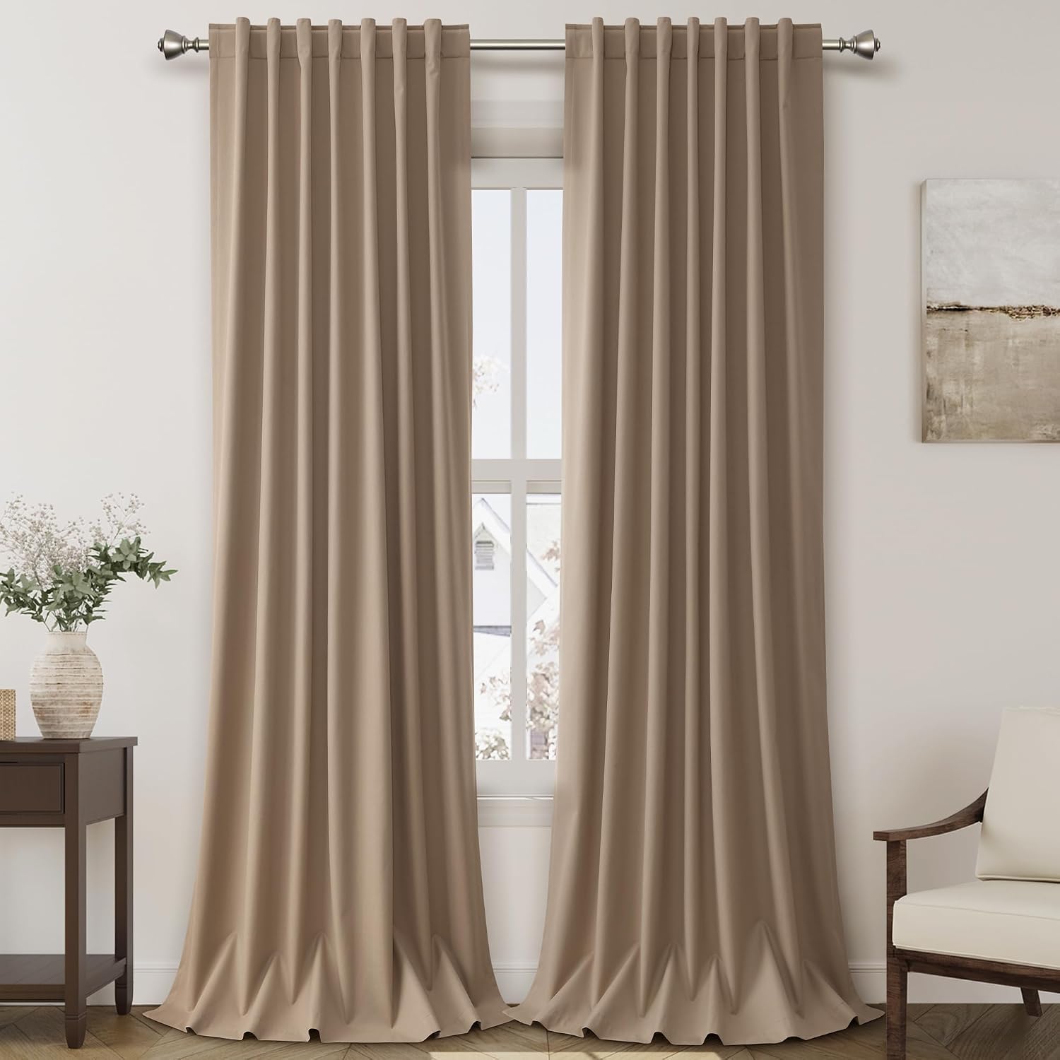 Nanspring Tan 100% Blackout Linen Curtains for Bedroom 120 Inches Long Back Tab Thermal Insulated Farmhouse Boho Decor Black Out Curtain fo…