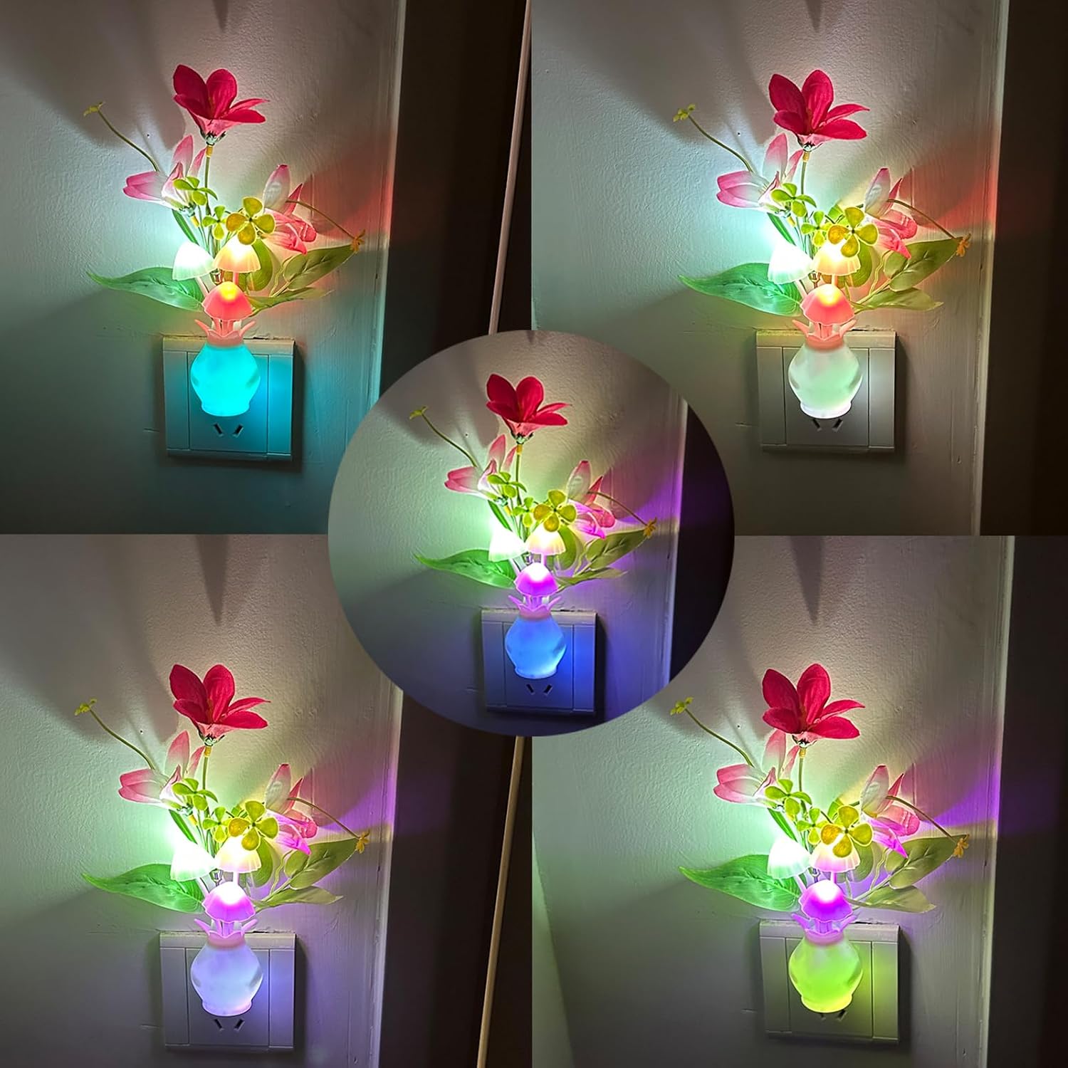 Plug-in Night Light with Auto Light Sensor, RGB LED Mushroom Night Light Wall Based Flower Lamp 1W Energy Efficient Nursery Nightlight…