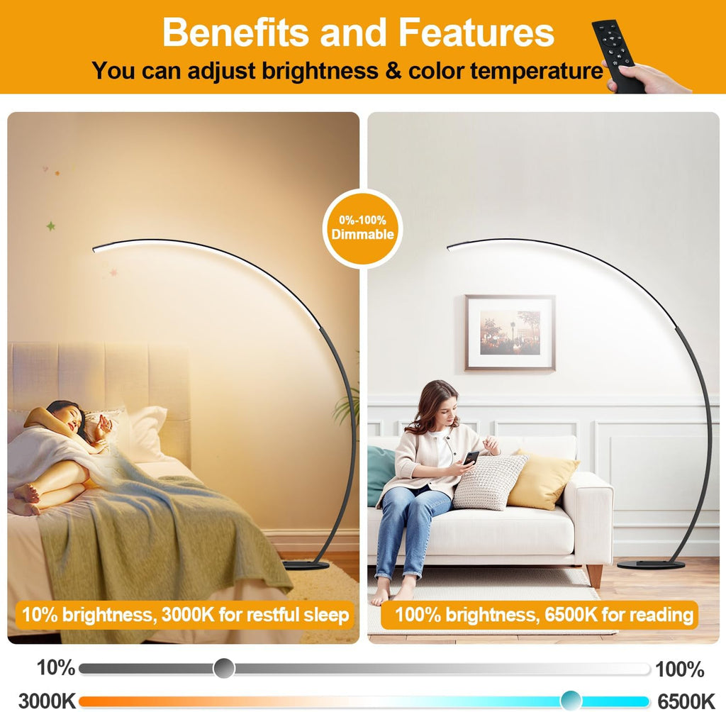 Dimmable LED Lamps for Living Room with 3 Color Temperatures, Ultra Bright 2000LM Arc Floor Lamps, Modern Standing Tall Lamp with Remote…