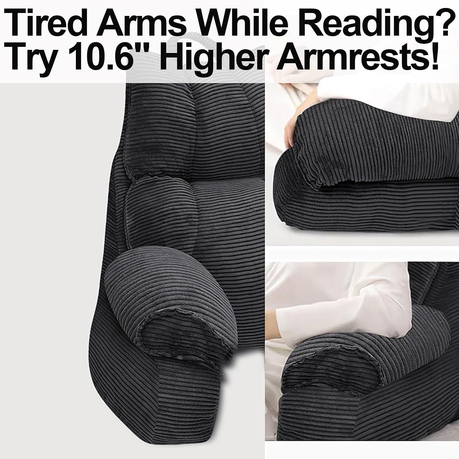 RRPAHWTV Reading Pillow for Bed with High Arm Rests, Back Support Pillow for Sitting Up in Bed with Shredded Memory Foam for Reading, TV…