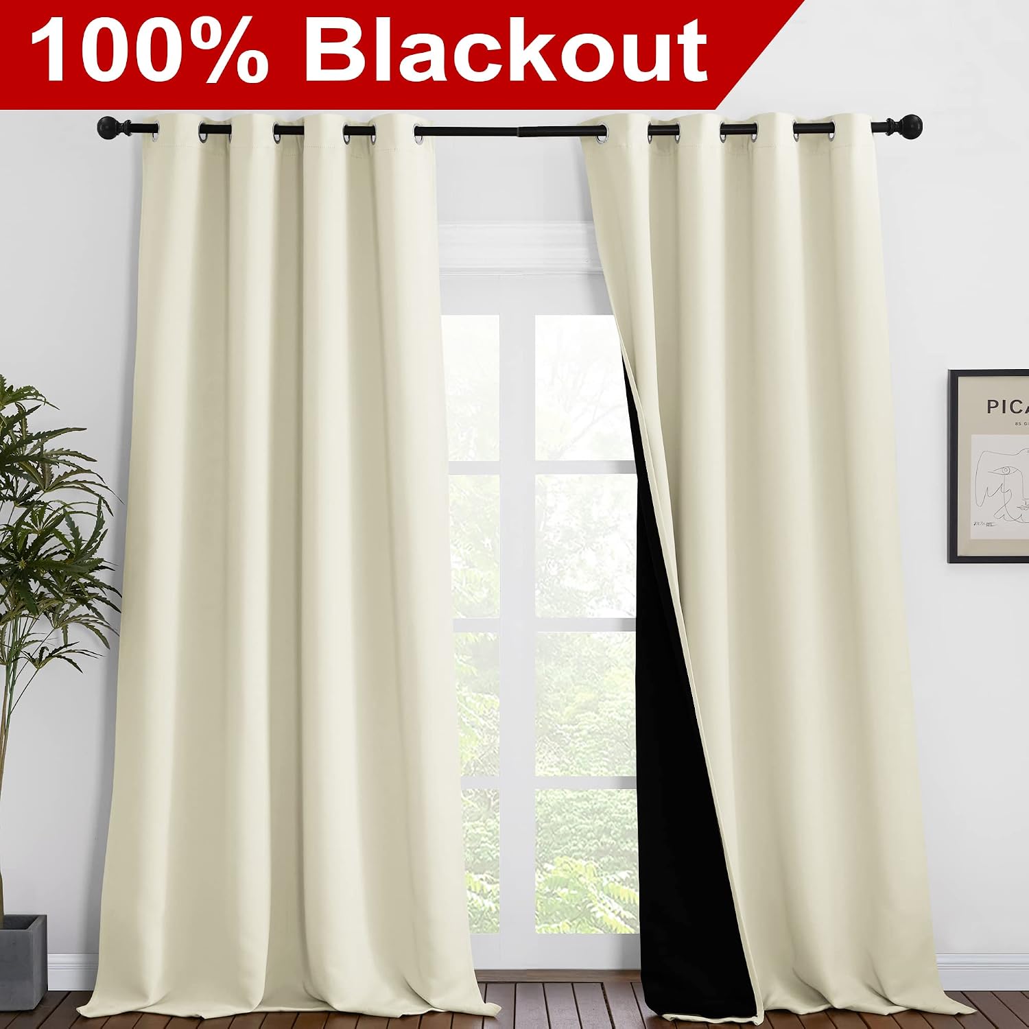 Nicetown Thermal Insulated 100% Blackout Curtains, Noise Reducing Performance Drapes with Black Lining, Full Light Blocking Drapery Panels…