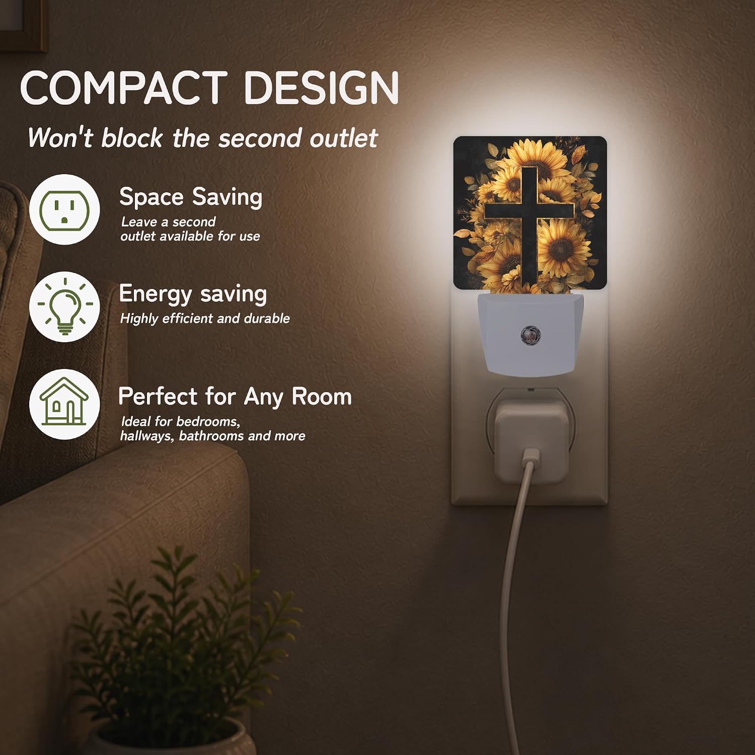 Sunflower Cross Christian Night Light, Night Lights Plug into Wall with Dusk to Dawn Sensor for Bedroom Bathroom Hallway Kitchen…