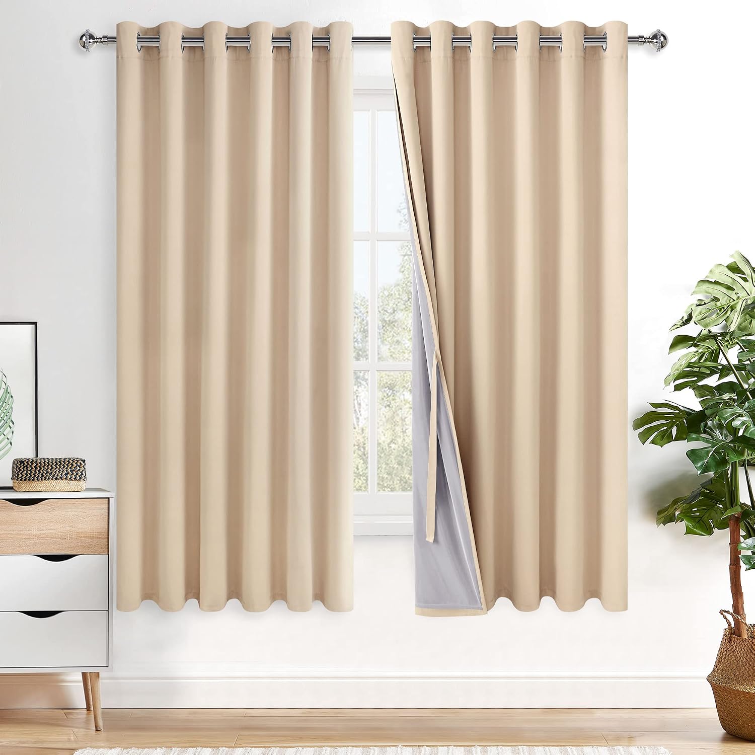 Xwzo 100% Blackout Curtains 2 Panels Set - Thermal Insulated Black Liner Curtains, Noise Reducing and Heat Blocking Drapes for Bedroom and…