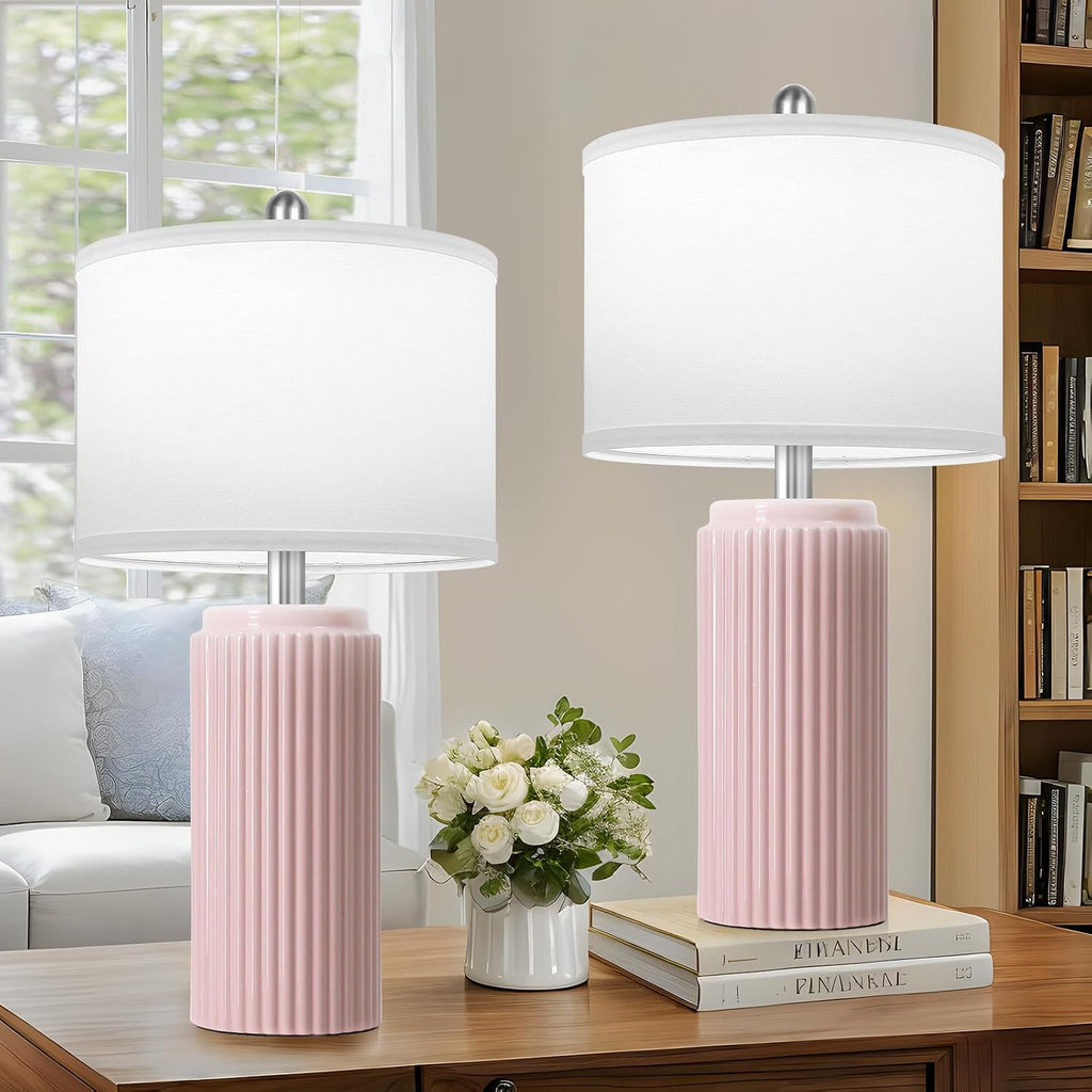 Tobusa 23.5’’ Modern Pink Table Lamps Set of 2 for Living Room, Ceramic Bedside Lamps with White Linen Shade for Girls Room, Rustic Nightst…