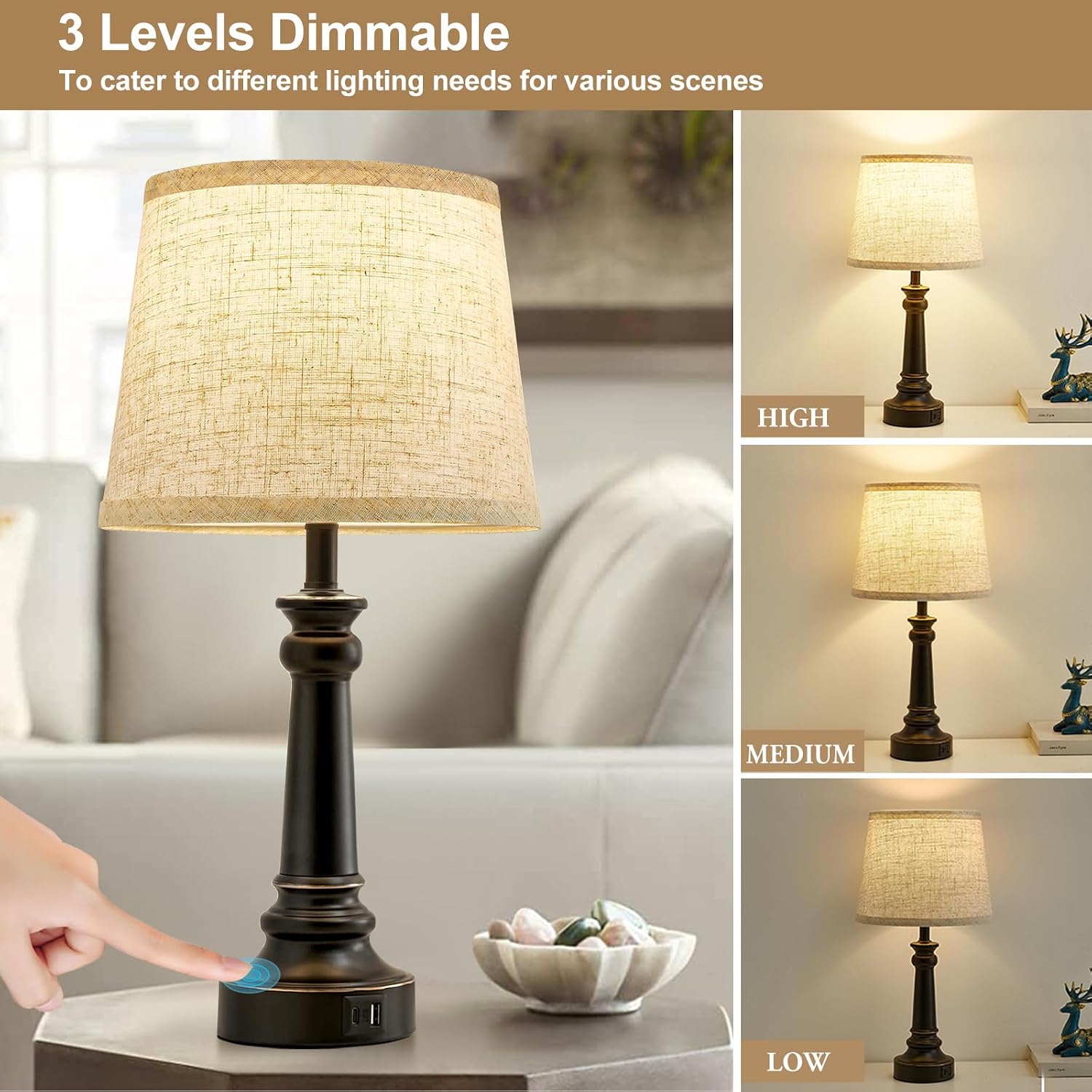 EJIAXIN Touch Lamps for Nightstand Set of 2 - Black Table Lamp for Bedroom Dimmable Bedside Lamp with USB C+A Ports - Lamps for Night…