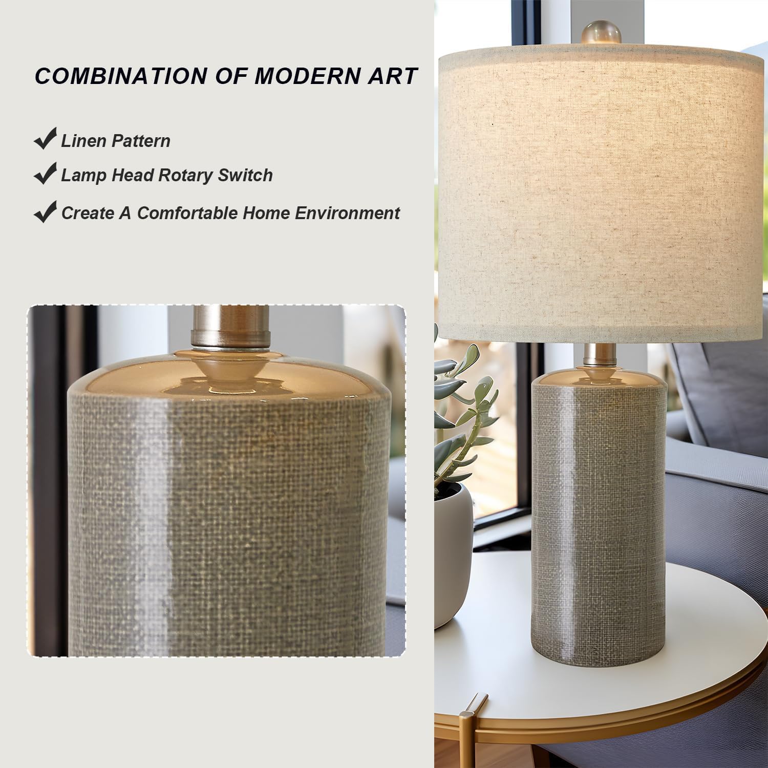 G-SAFAVA 20.25" Small Table Lamps Set of 2 Modern Ceramic Lamps for Living Room Farmhouse Bedside Lamps Boho Lamps for Night Stands Grey…