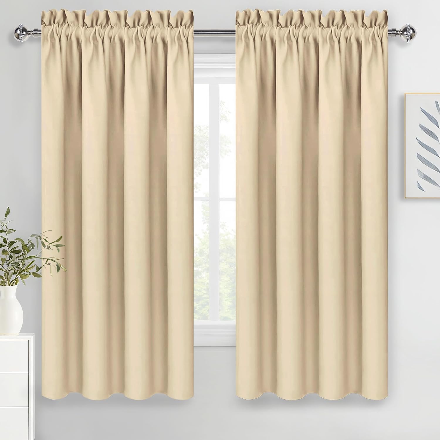 Dwcn Blackout Curtains Room Darkening Thermal Insulated Bedroom Curtains Window Curtain Panels, 52 x 63 inches Long, Set of 2 Beige Rod Poc…