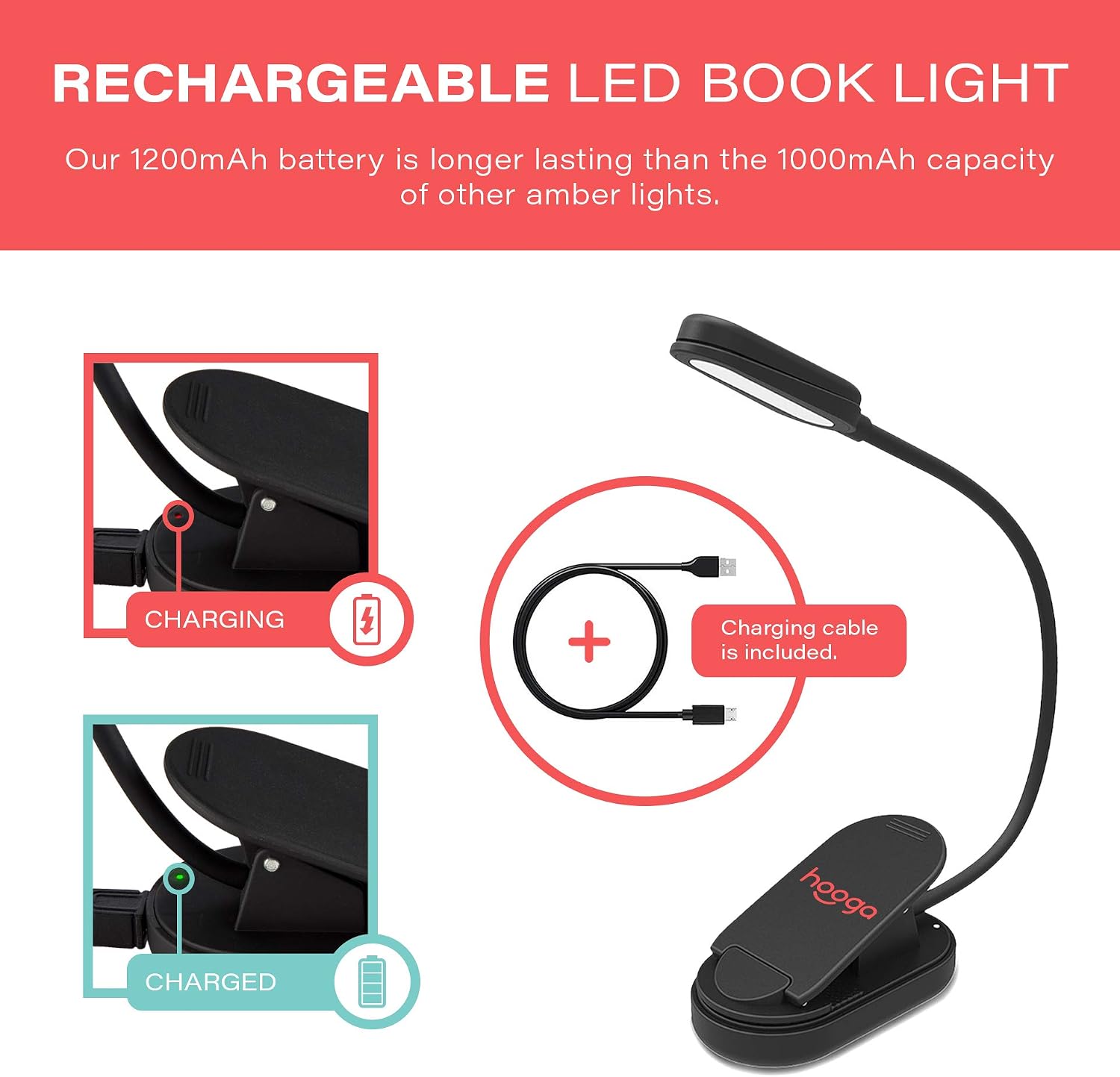 Hooga Amber Book Light, Rechargeable Clip-On Blue Light Blocking LED Reading Light, 1600K Warm Eye comfort for Bed, Students, Kids…