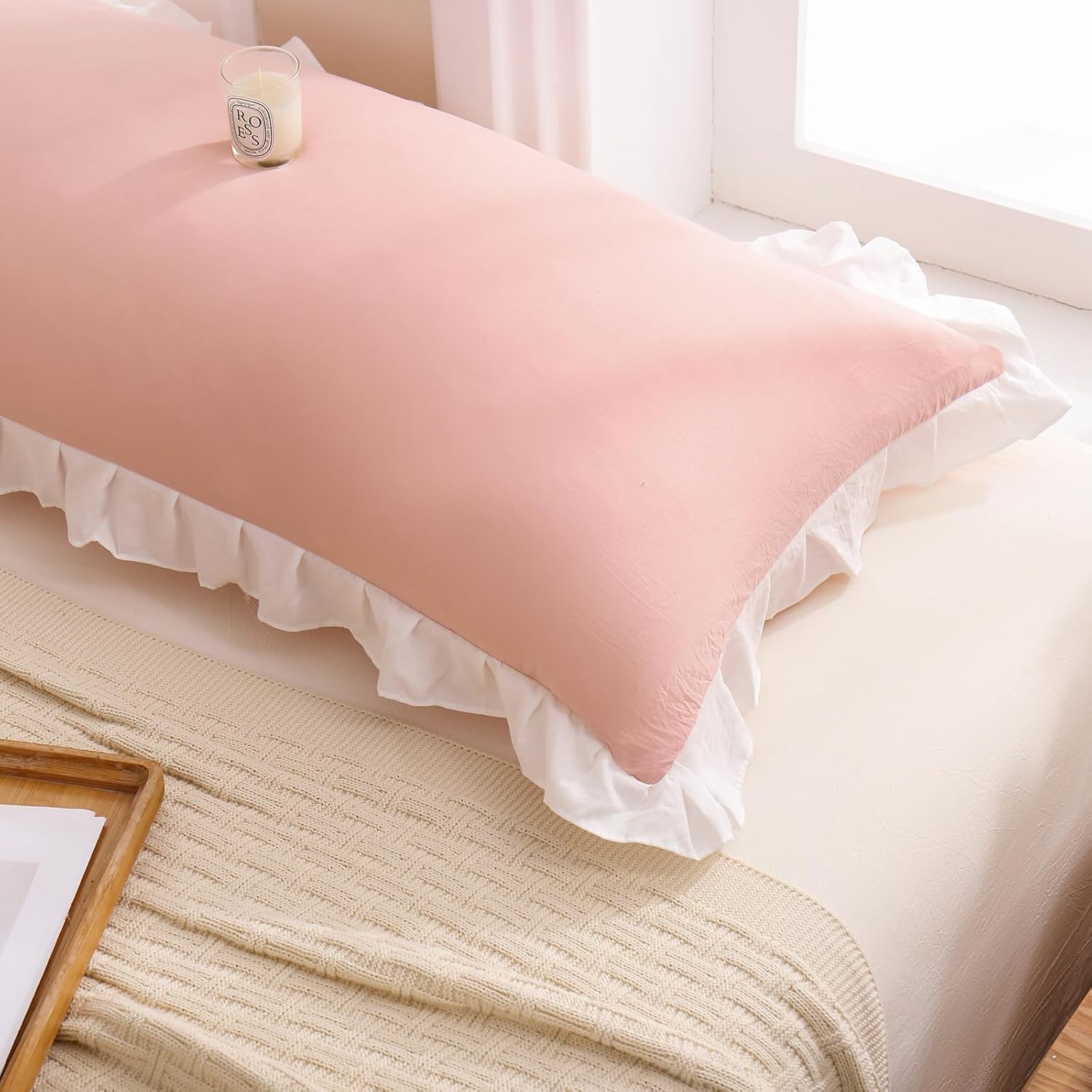 Merryword Pink Body Pillow Cover 20x54inches Reversible Long Pillowcase Ruffled Body Pillowcases Cute Pillowcase Pillow Sham (1 Body, Pink…