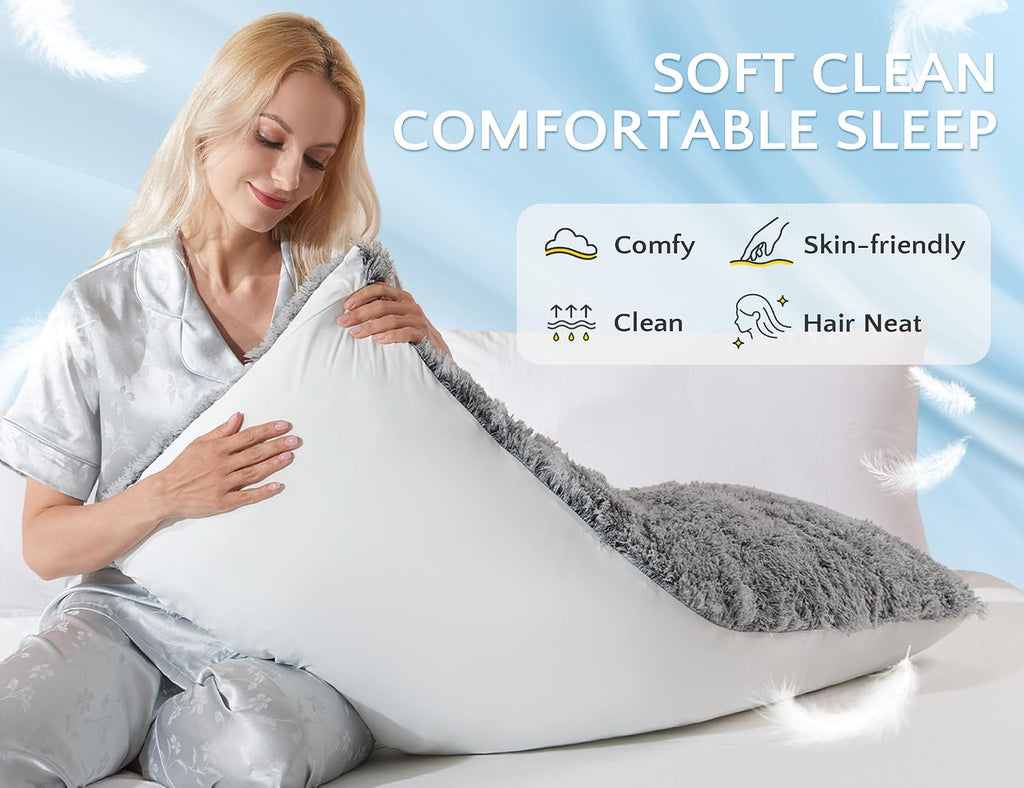 Wsofrlac Fluffy Silk Full Body Pillow for Adults 20x54 Satin Body Pillow Cover Pillowcase with Memory Foam for Bed Grey Pregnancy Cuddle Sn…