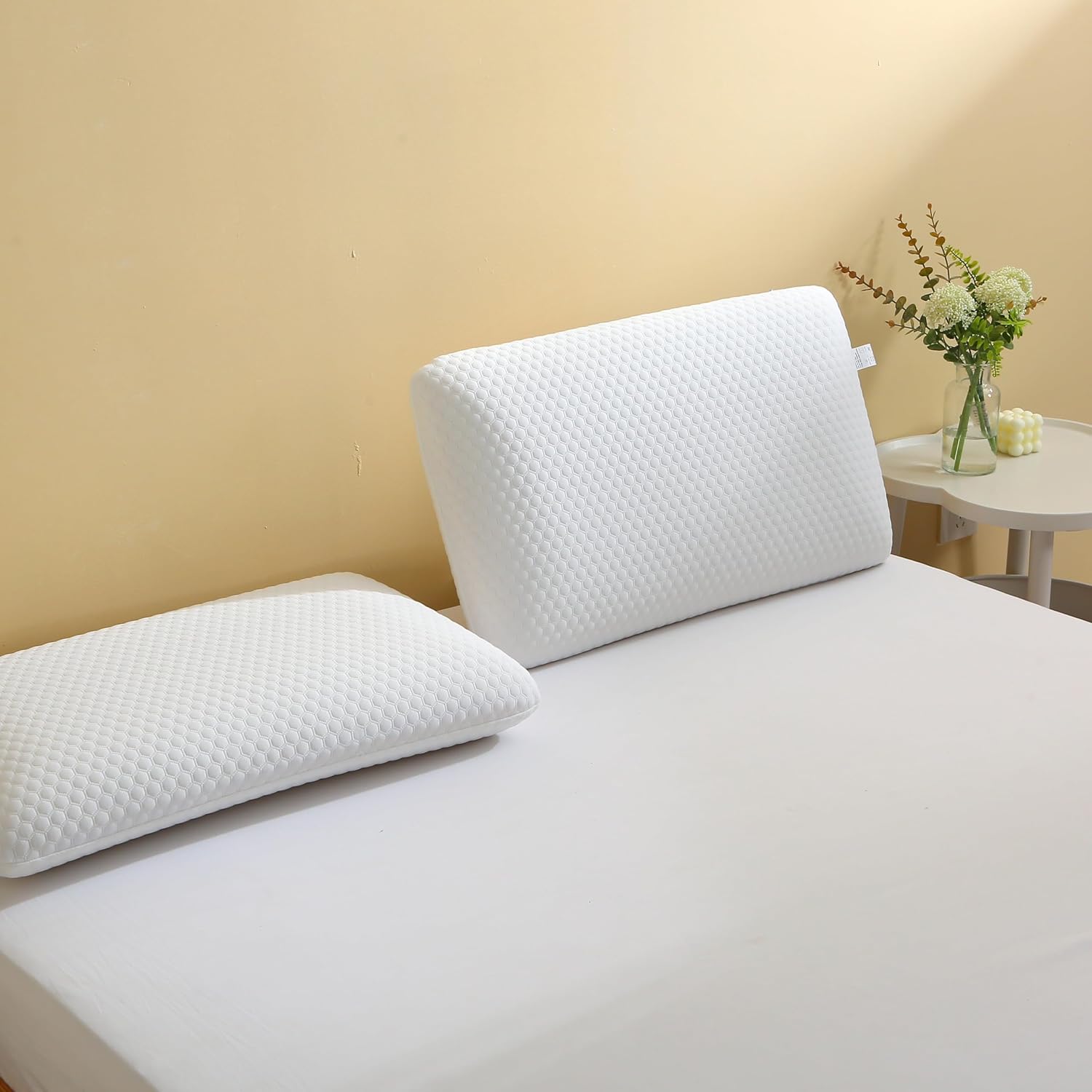 Csdlf Memory Foam Bed Pillows, Pillow for Side and Back Sleeper, Pillow for Neck, Washable Removable Cover, Soft, White (Queen) White