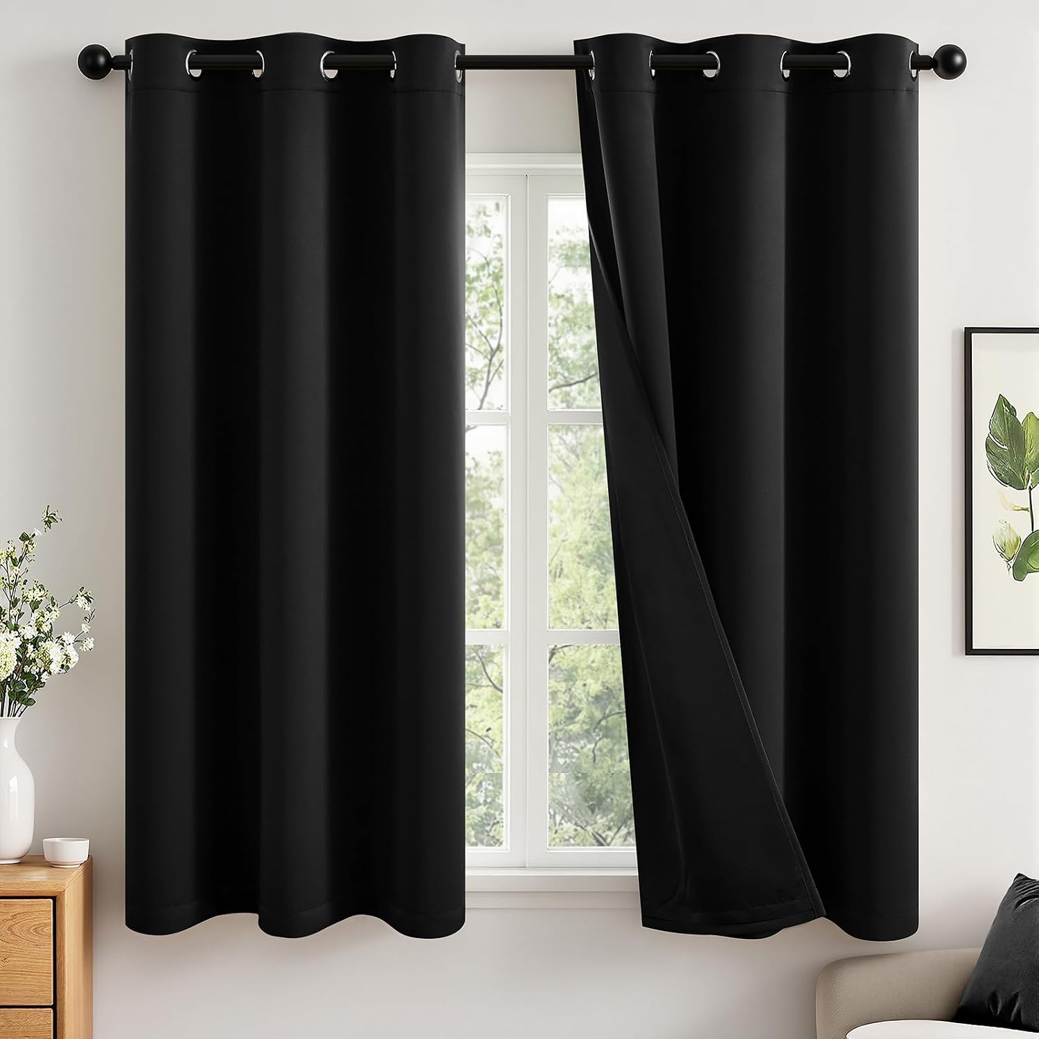Miulee Black 100% Blackout Curtains for Bedroom 63 Inch Long, 2 Thick Layers Thermal Insulated Full Blackout Window Curtains with Black Lin…