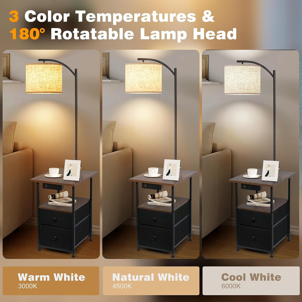 PESRAE Floor Lamp with Table & 2 Drawers, End Table with 3 Color Temperature Reading Light, Side Table Lamp with USB & Type C & AC…