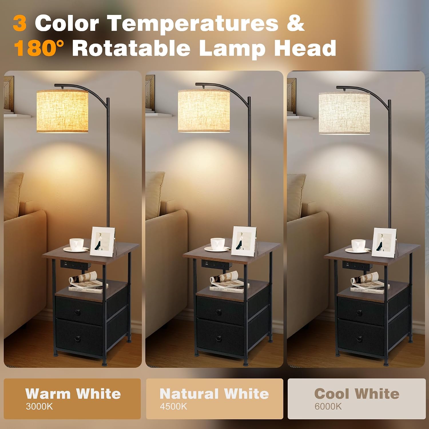 PESRAE Floor Lamp with Table & 2 Drawers, End Table with 3 Color Temperature Reading Light, Side Table Lamp with USB & Type C & AC…