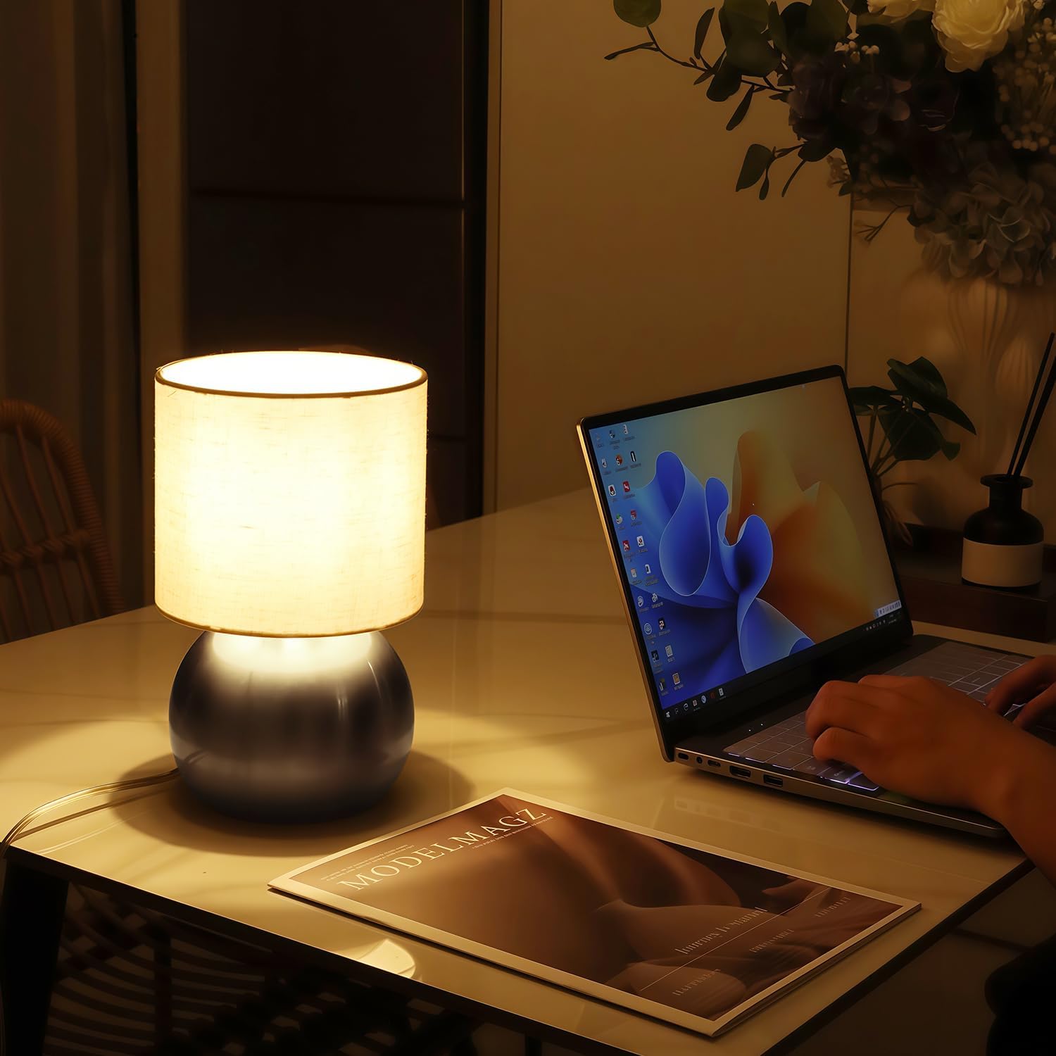 Modern Silvery Small Table Lamp with Cotton Linen Shade, 10.4-inch LED Desk Light, One-Button Switch for Bedroom, Living Room…