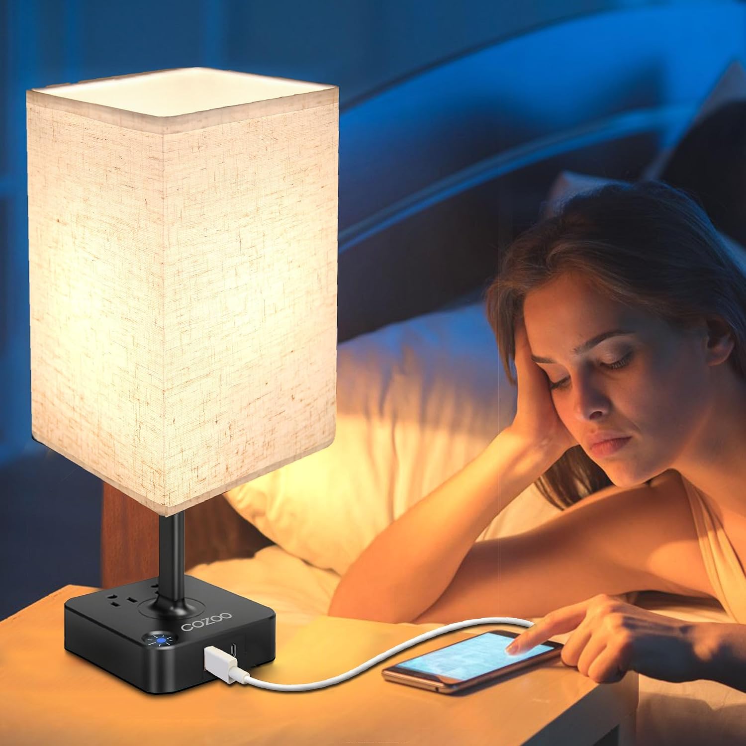 COZOO USB Bedside Dimmable Table Desk Lamp with 2 USB Charging Ports 2 Outlets Power Strip, Black Charger Base Flaxen Fabric Shade, LED…