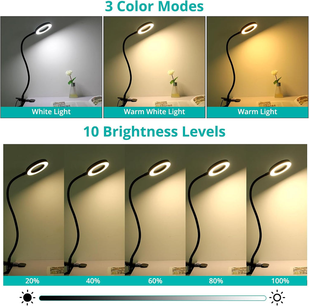 Woputne Desk Lamp with 5X Magnifying Glass,3 Color Modes 10 Brightness Levels, Reading Light Eye-Caring, Flexible Gooseneck Clip On Light…